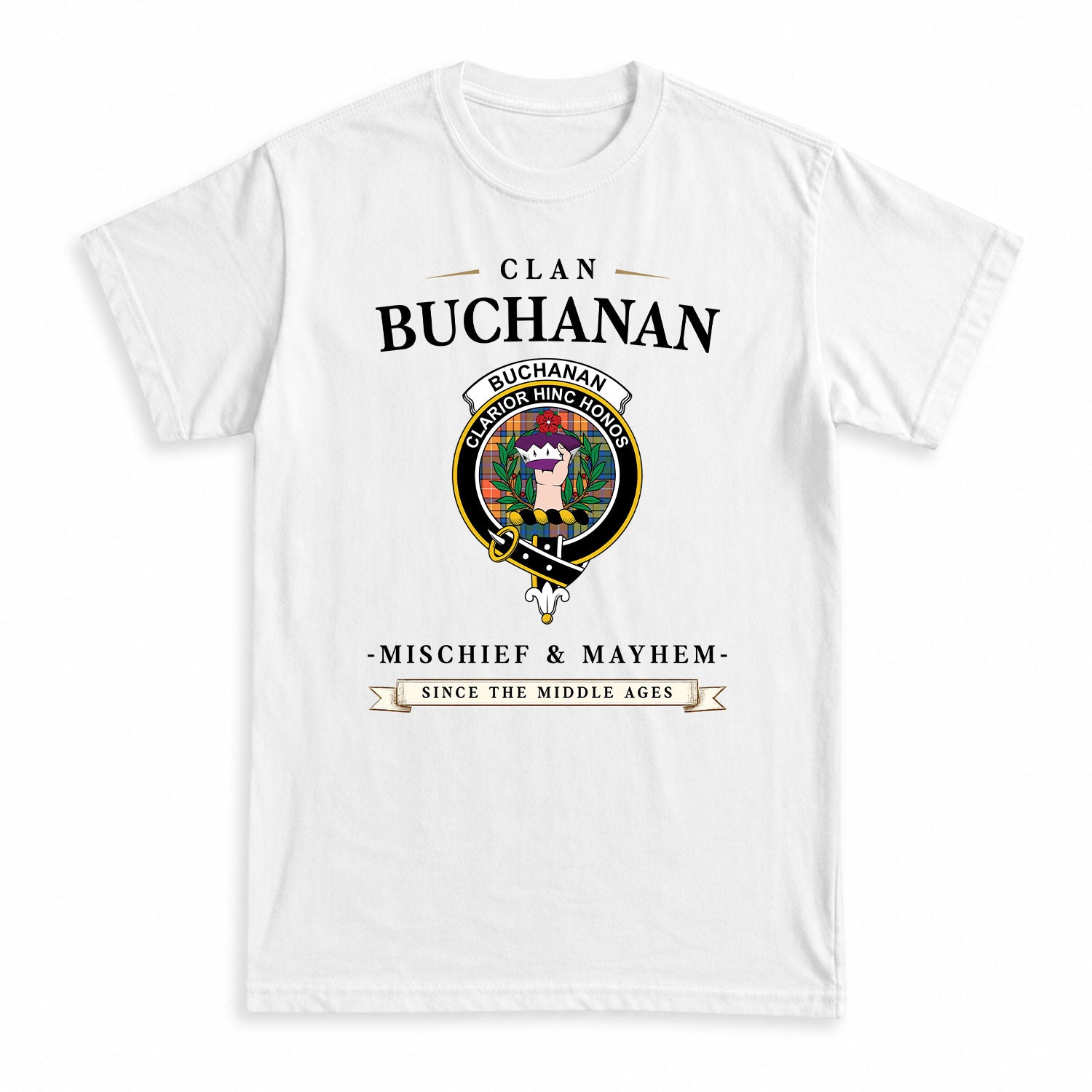 Buchanan Ancient Tartan Crest Mischief and Mayhem T-shirt