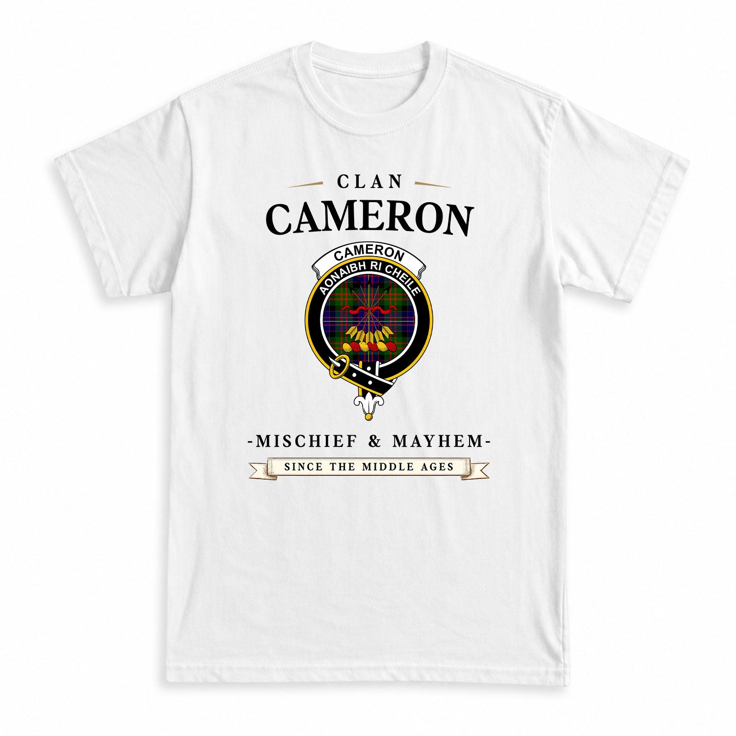 Cameron of Erracht Modern Tartan Crest Mischief and Mayhem T-shirt