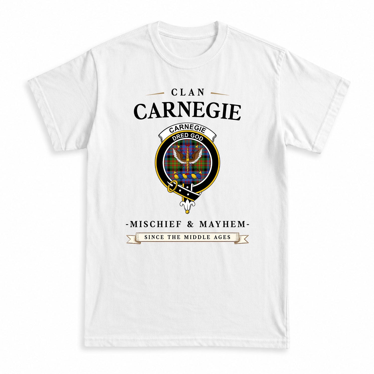 Carnegie Ancient Tartan Crest Mischief and Mayhem T-shirt