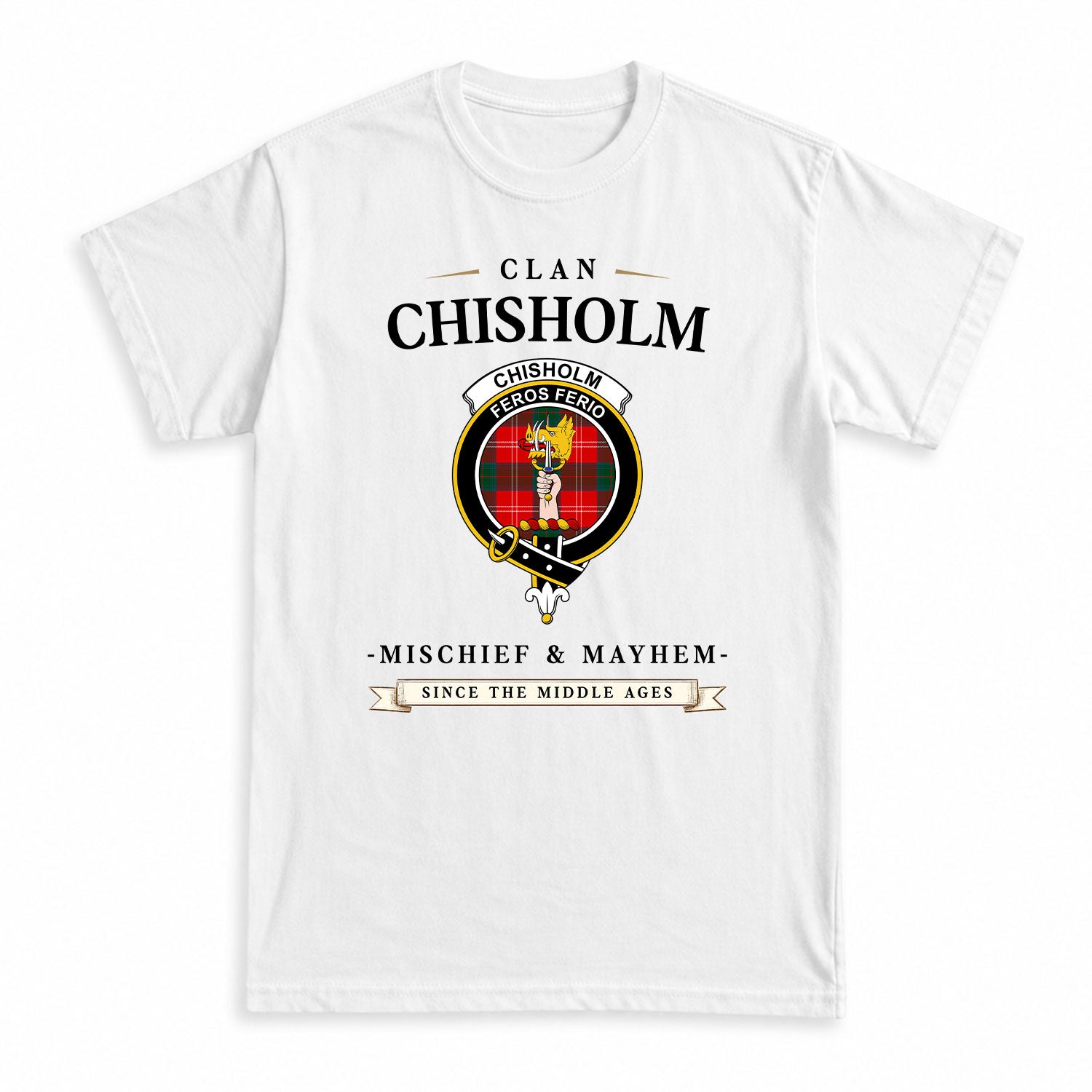 Chisholm Modern Tartan Crest Mischief and Mayhem T-shirt