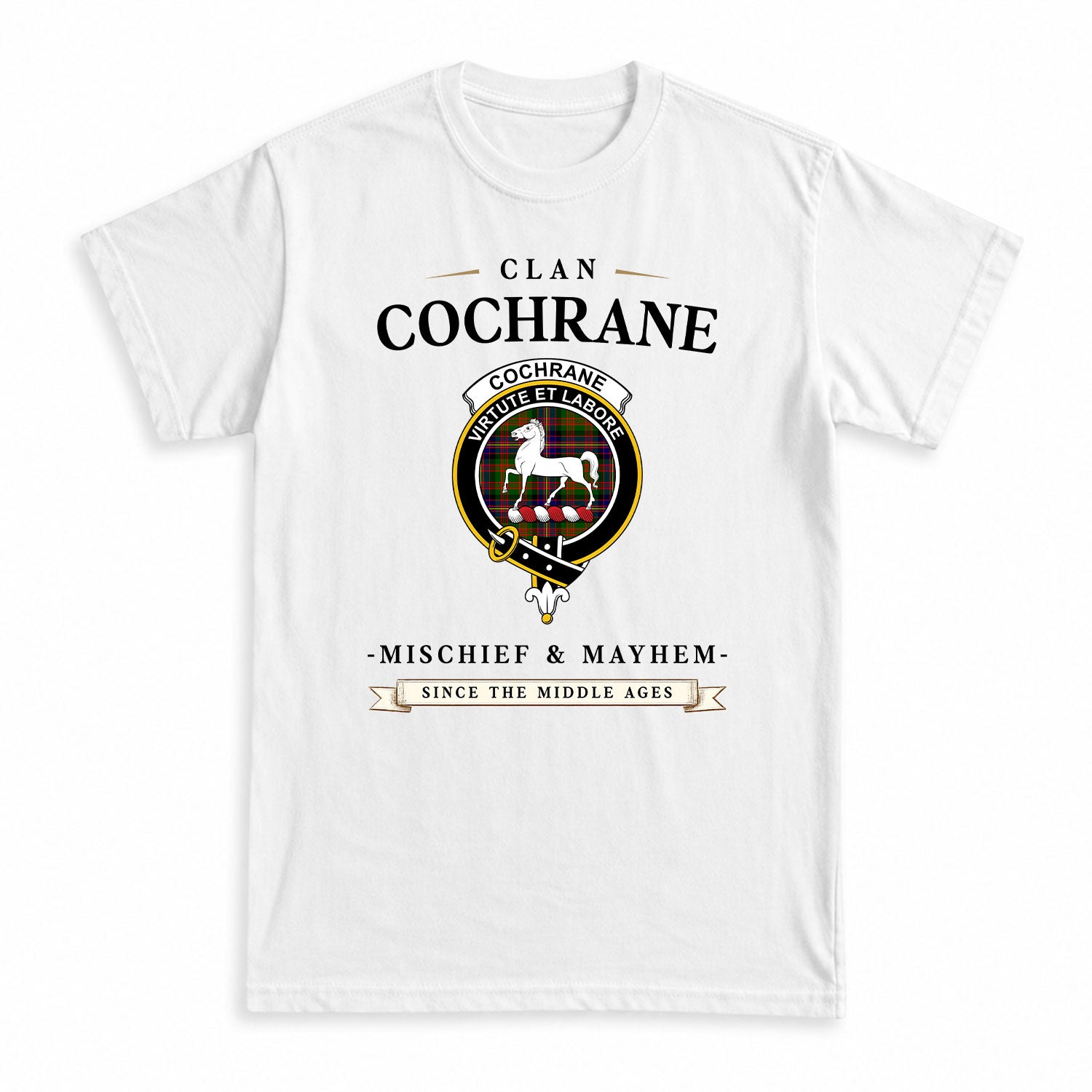 Cochrane Modern Tartan Crest Mischief and Mayhem T-shirt