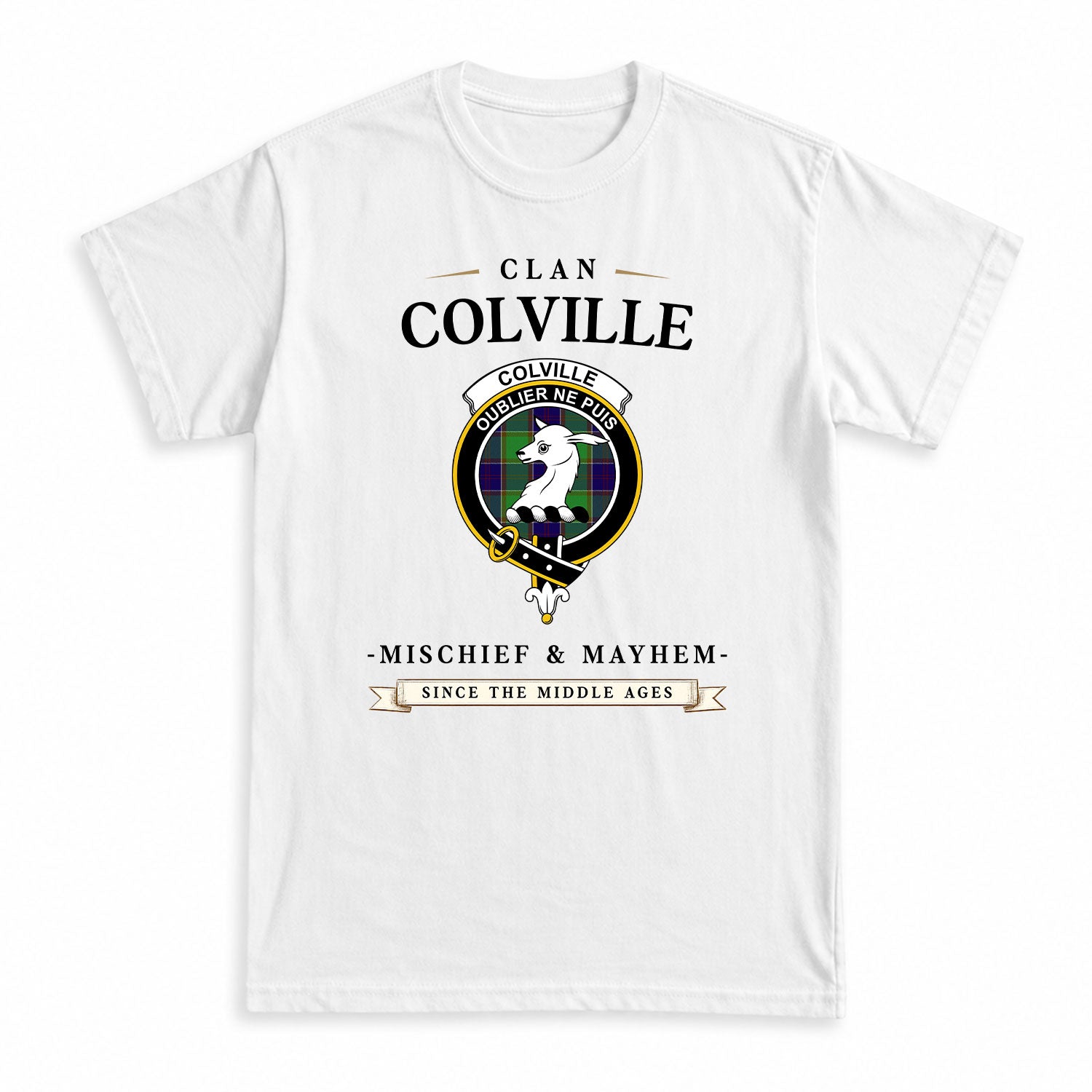 Colville Tartan Crest Mischief and Mayhem T-shirt