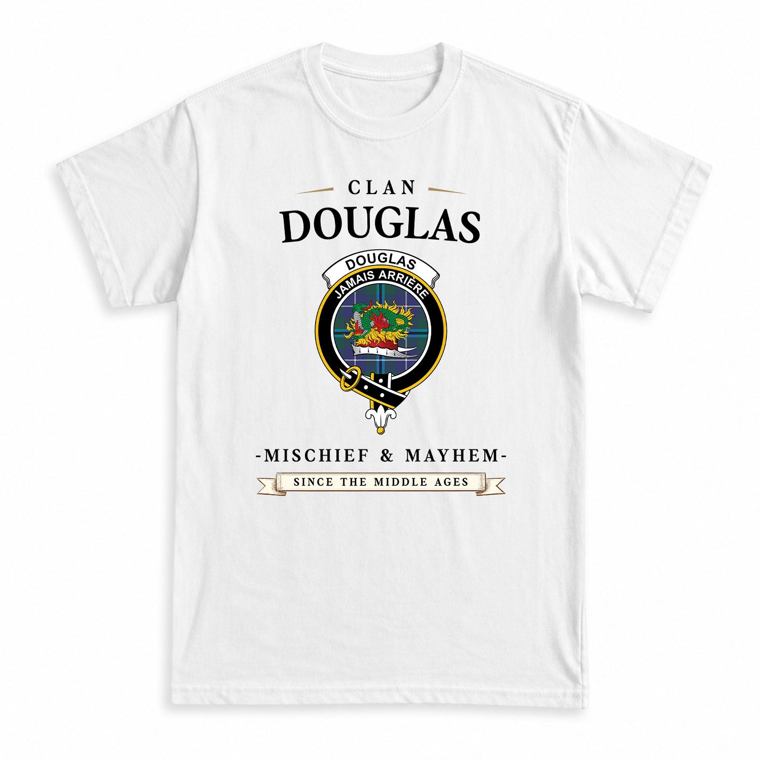 Douglas Modern Tartan Crest Mischief and Mayhem T-shirt