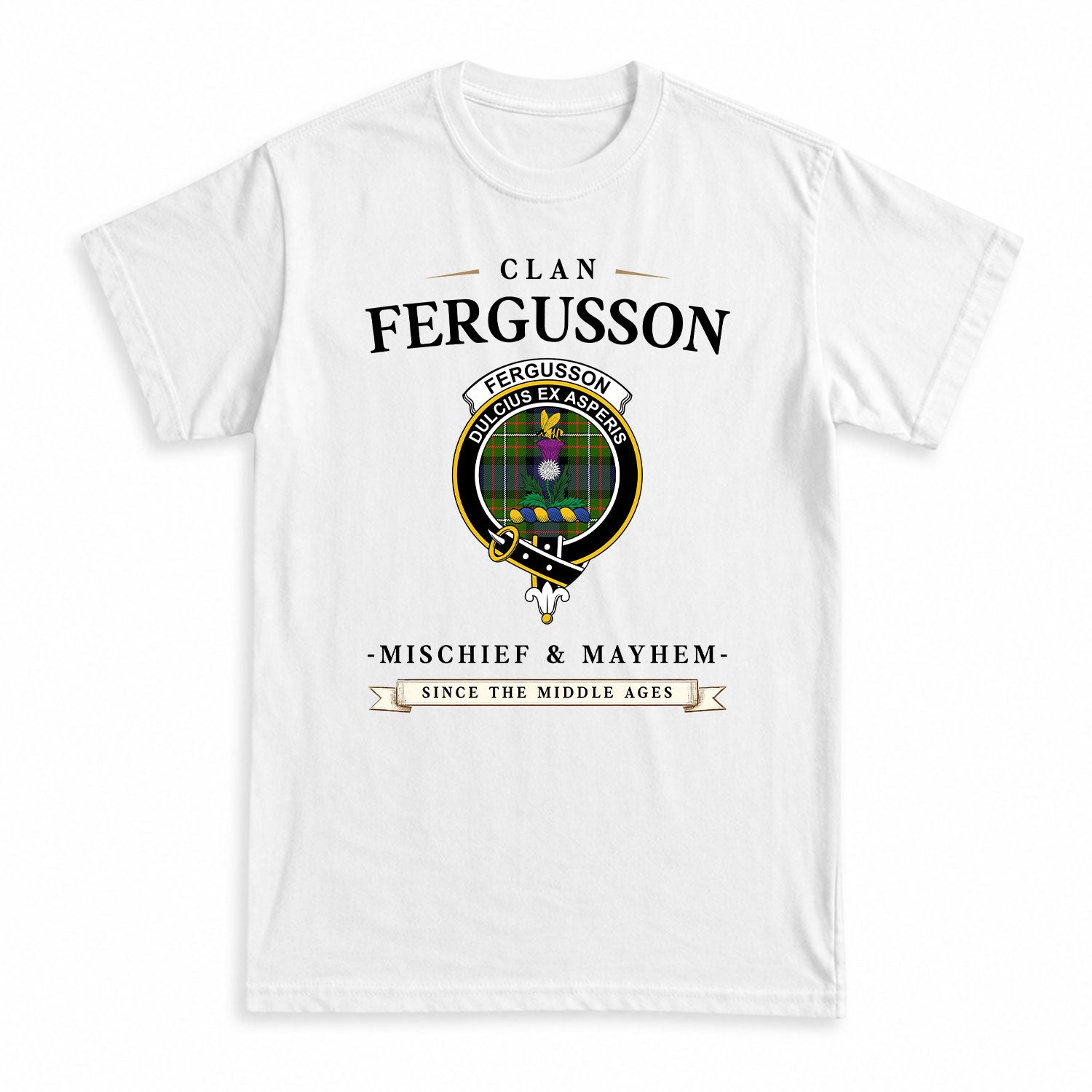 Fergusson Modern Tartan Crest Mischief and Mayhem T-shirt
