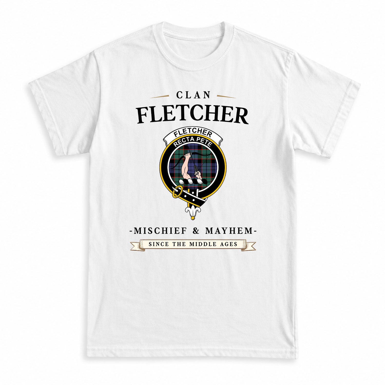 Fletcher Modern Tartan Crest Mischief and Mayhem T-shirt