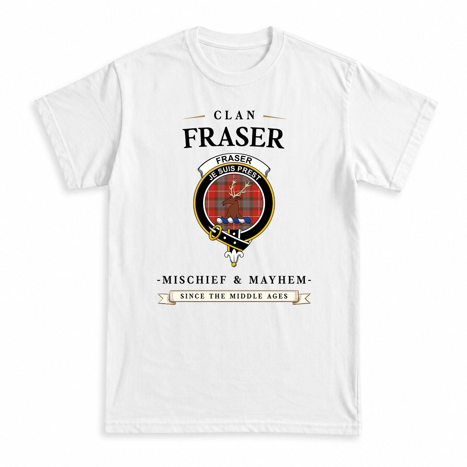 Fraser (of Lovat) Weathered Tartan Crest Mischief and Mayhem T-shirt