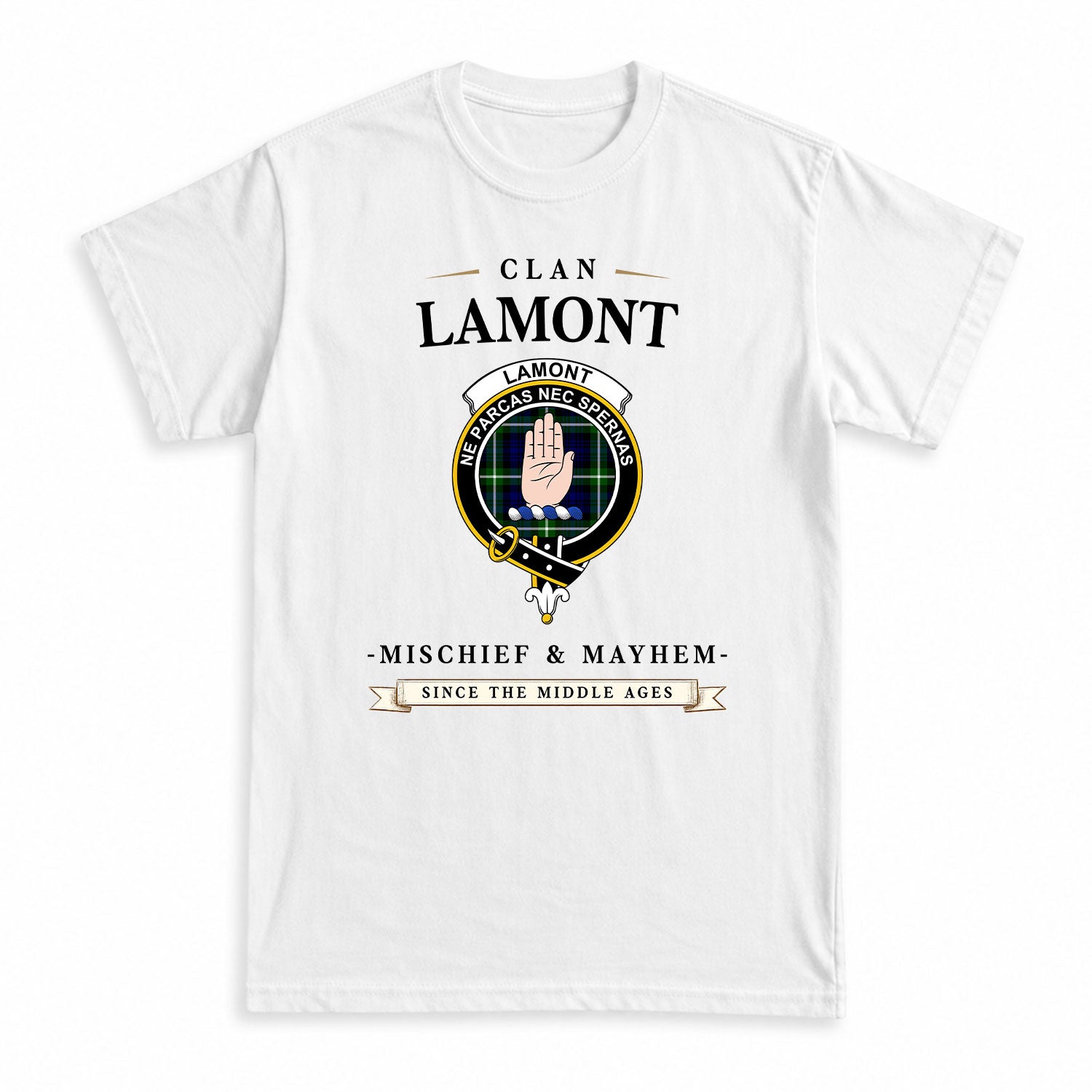 Lamont Modern Tartan Crest Mischief and Mayhem T-shirt