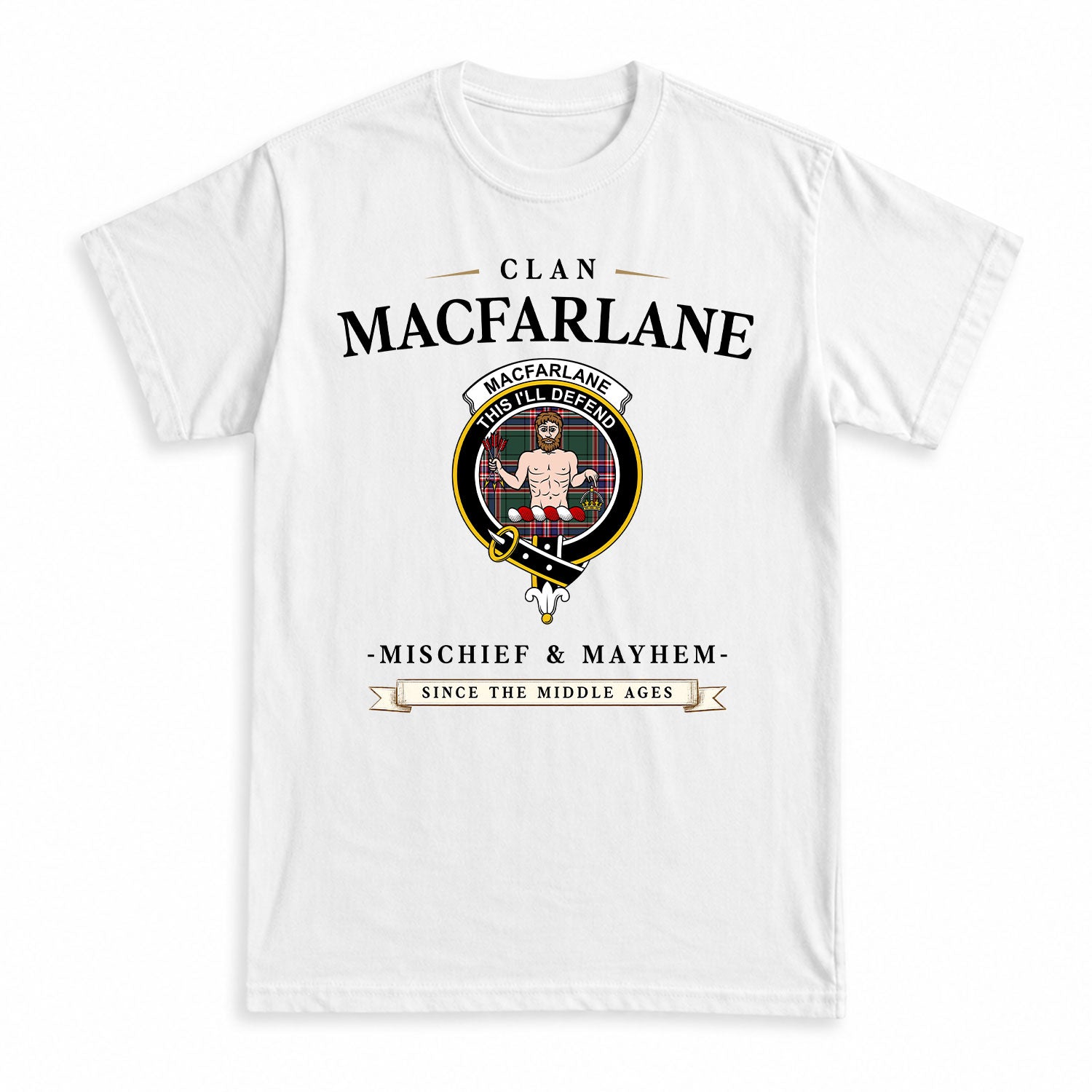 MacFarlane Hunting Modern Tartan Crest Mischief and Mayhem T-shirt