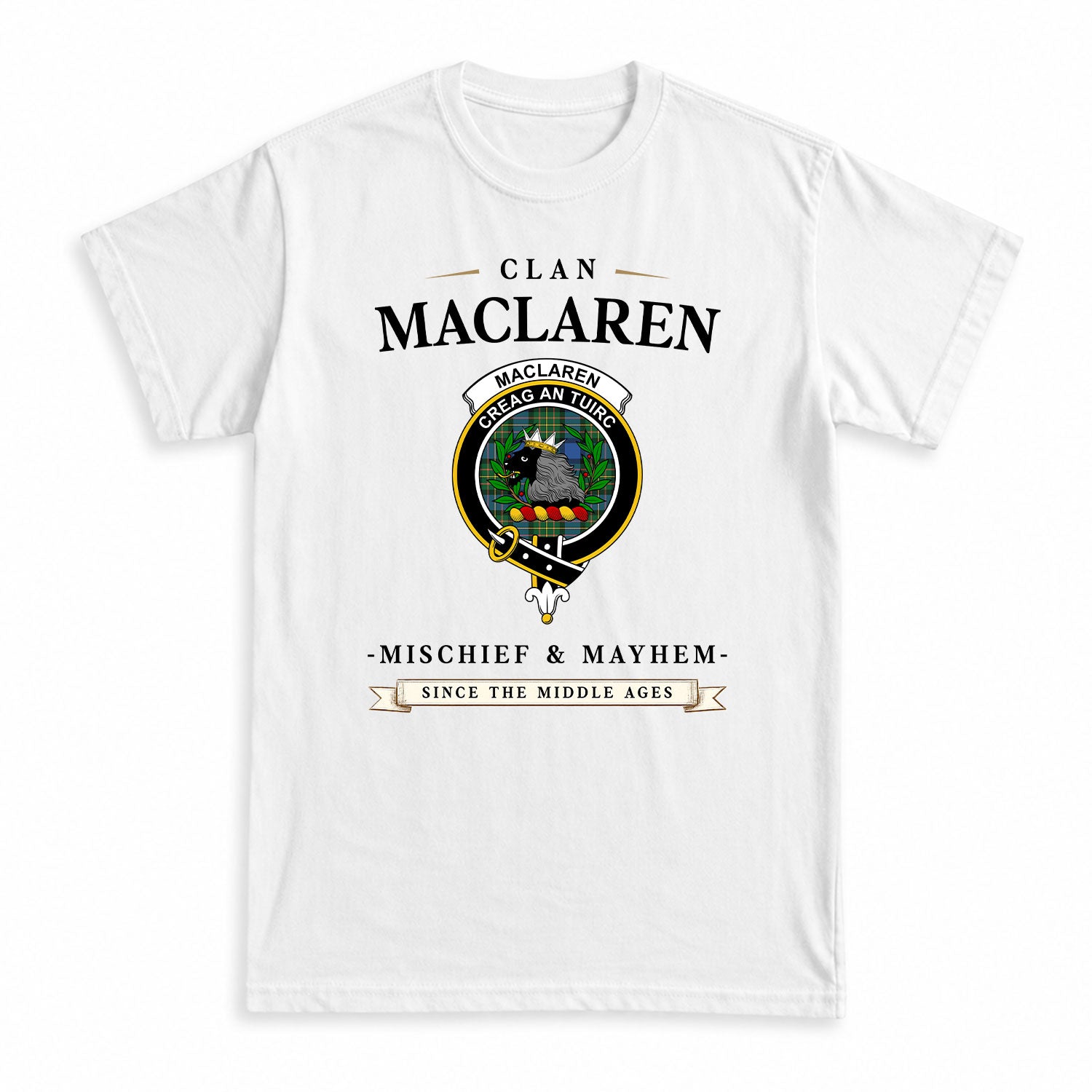 MacLaren Ancient Tartan Crest Mischief and Mayhem T-shirt