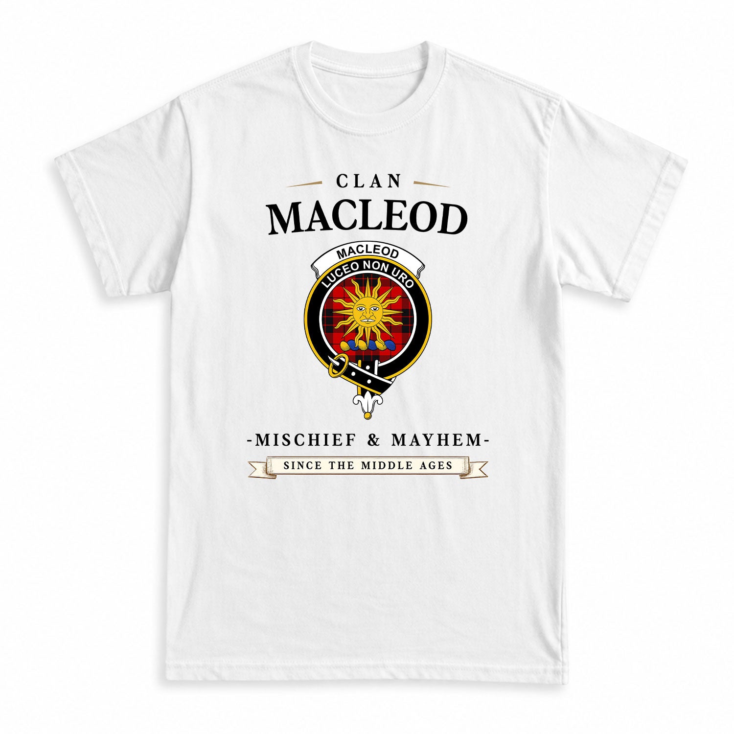 MacLeod of Raasay Tartan Crest Mischief and Mayhem T-shirt