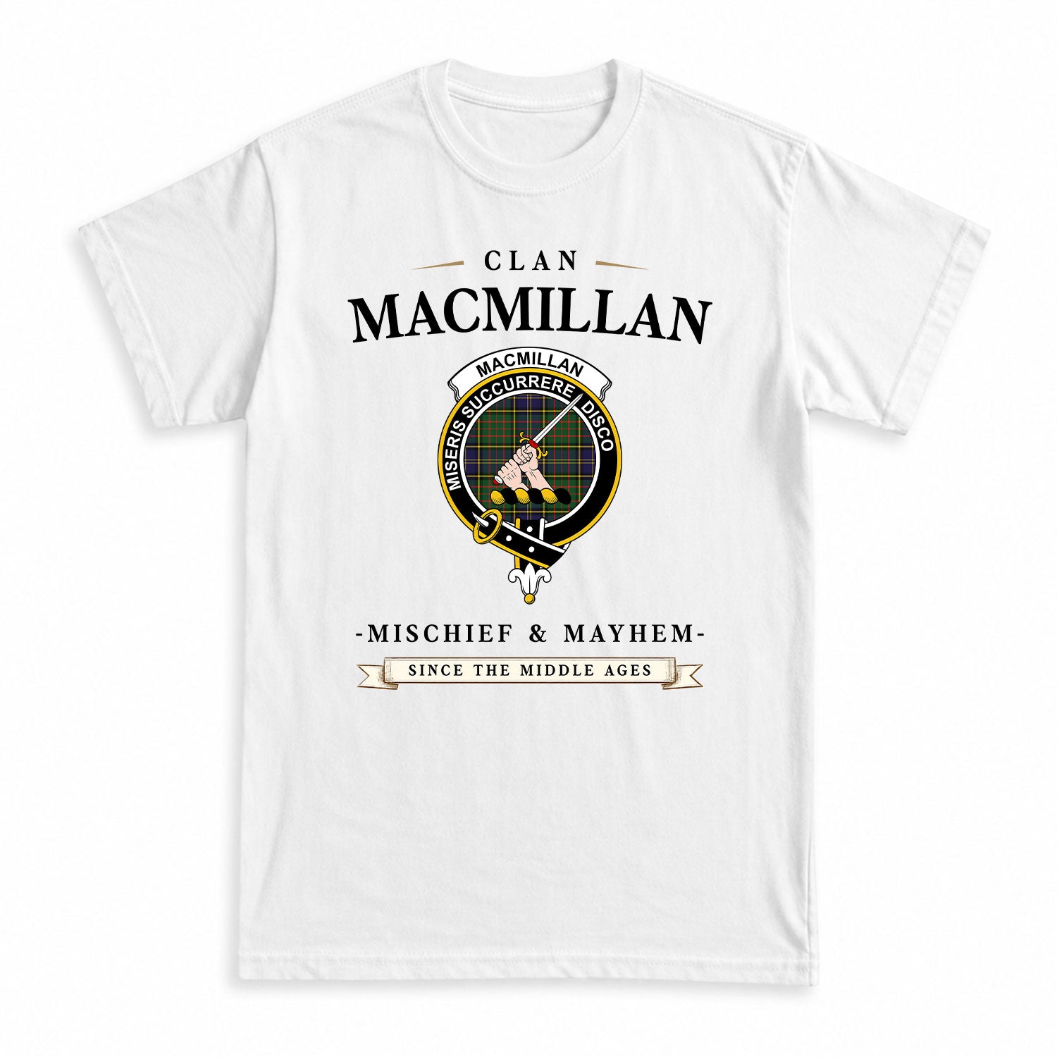 MacMillan Hunting Modern Tartan Crest Mischief and Mayhem T-shirt