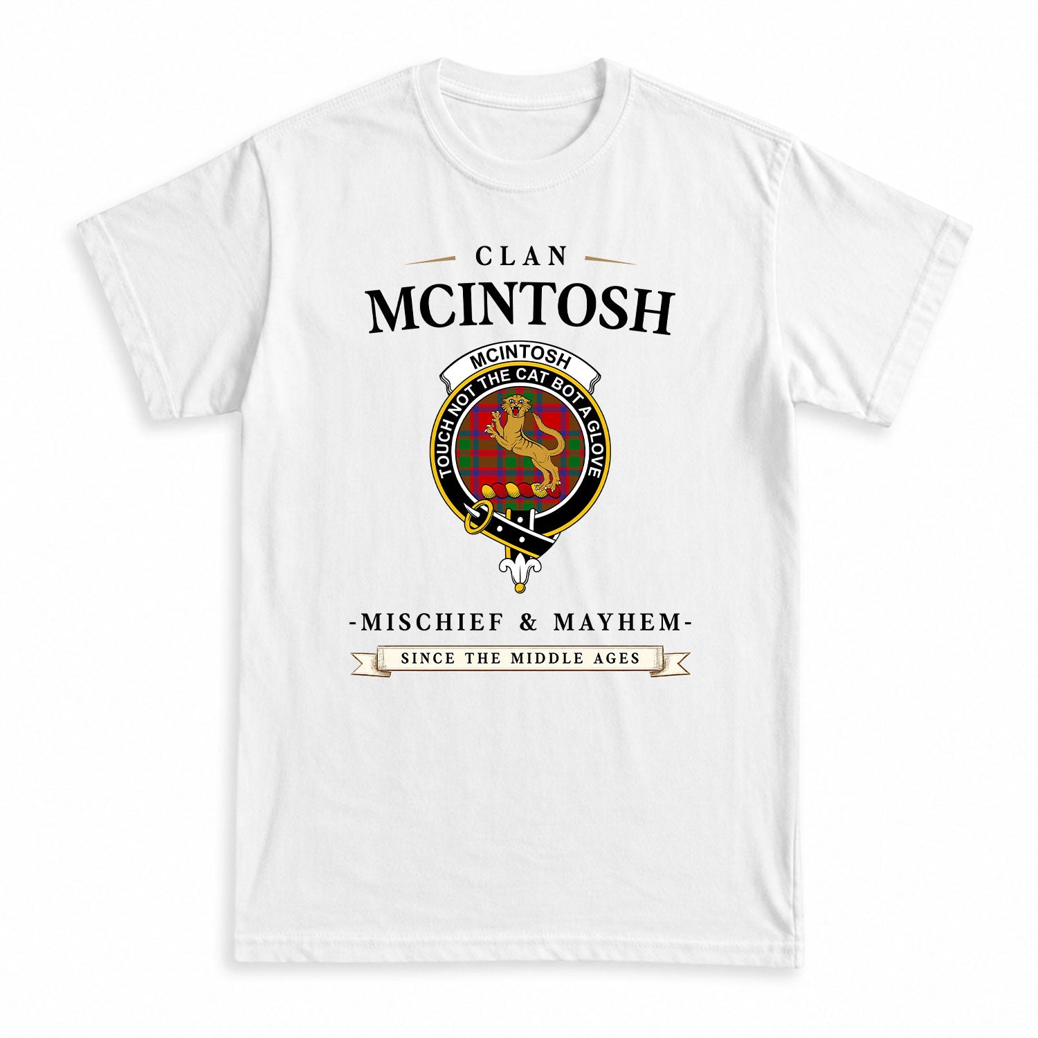 McIntosh Modern Tartan Crest Mischief and Mayhem T-shirt