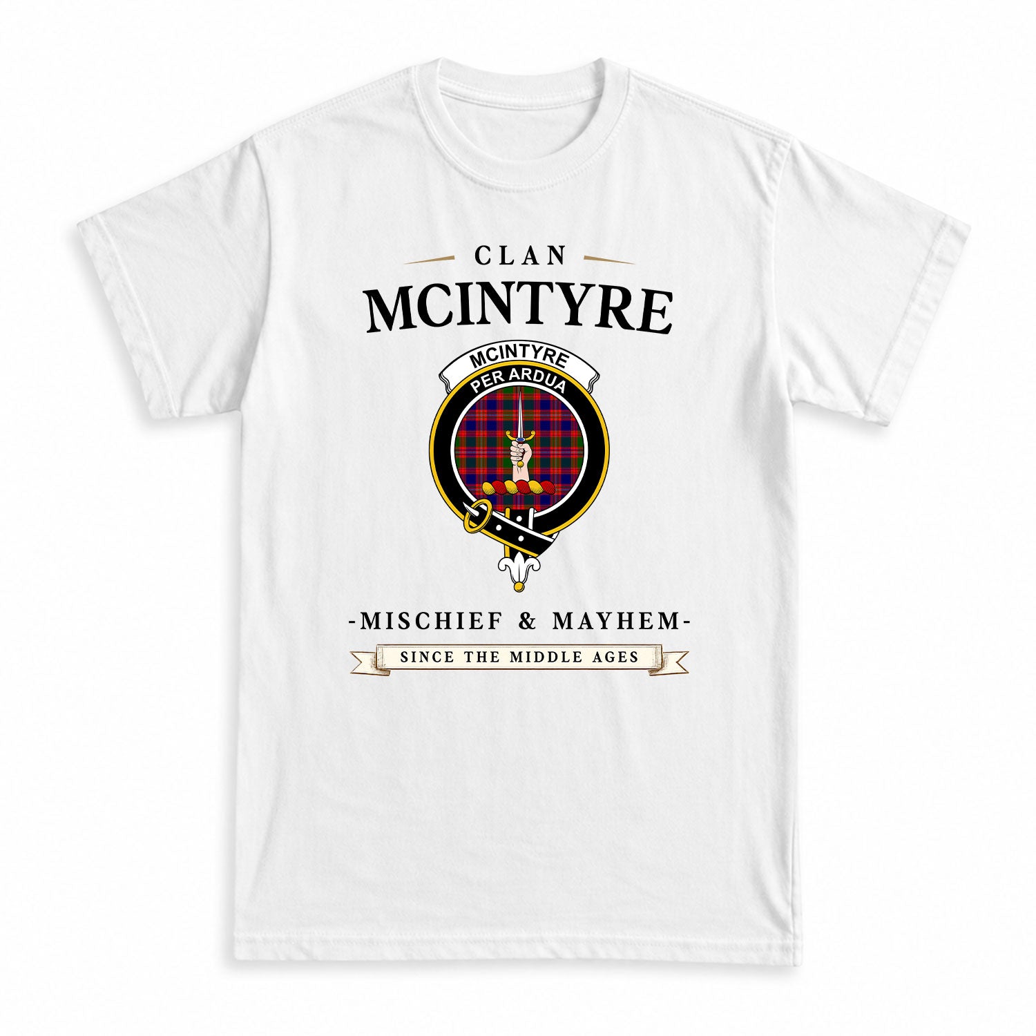 McIntyre Modern Tartan Crest Mischief and Mayhem T-shirt