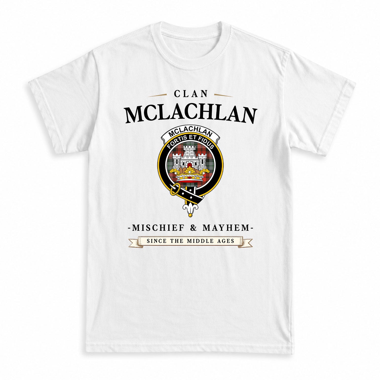 McLachlan Weathered Tartan Crest Mischief and Mayhem T-shirt