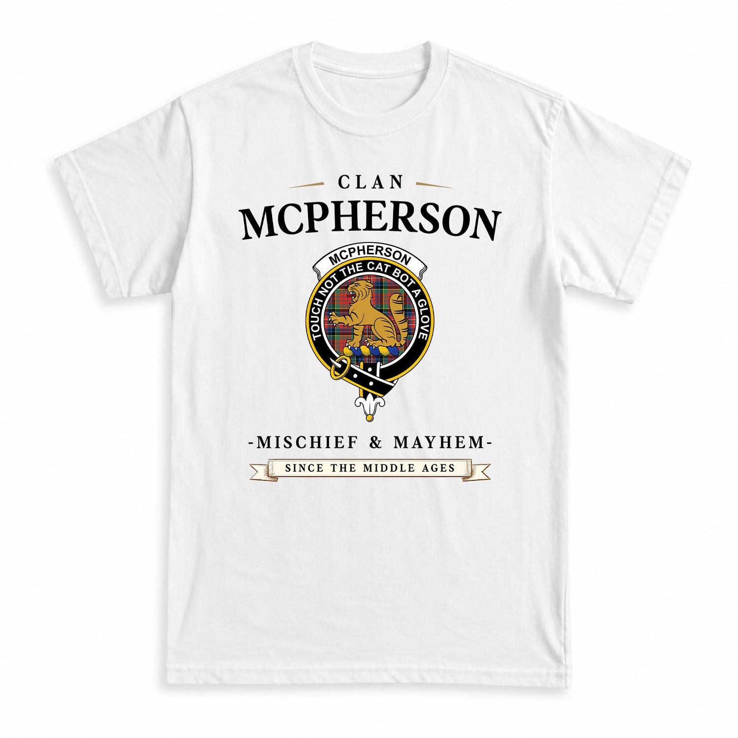 McPherson Ancient Tartan Crest Mischief and Mayhem T-shirt