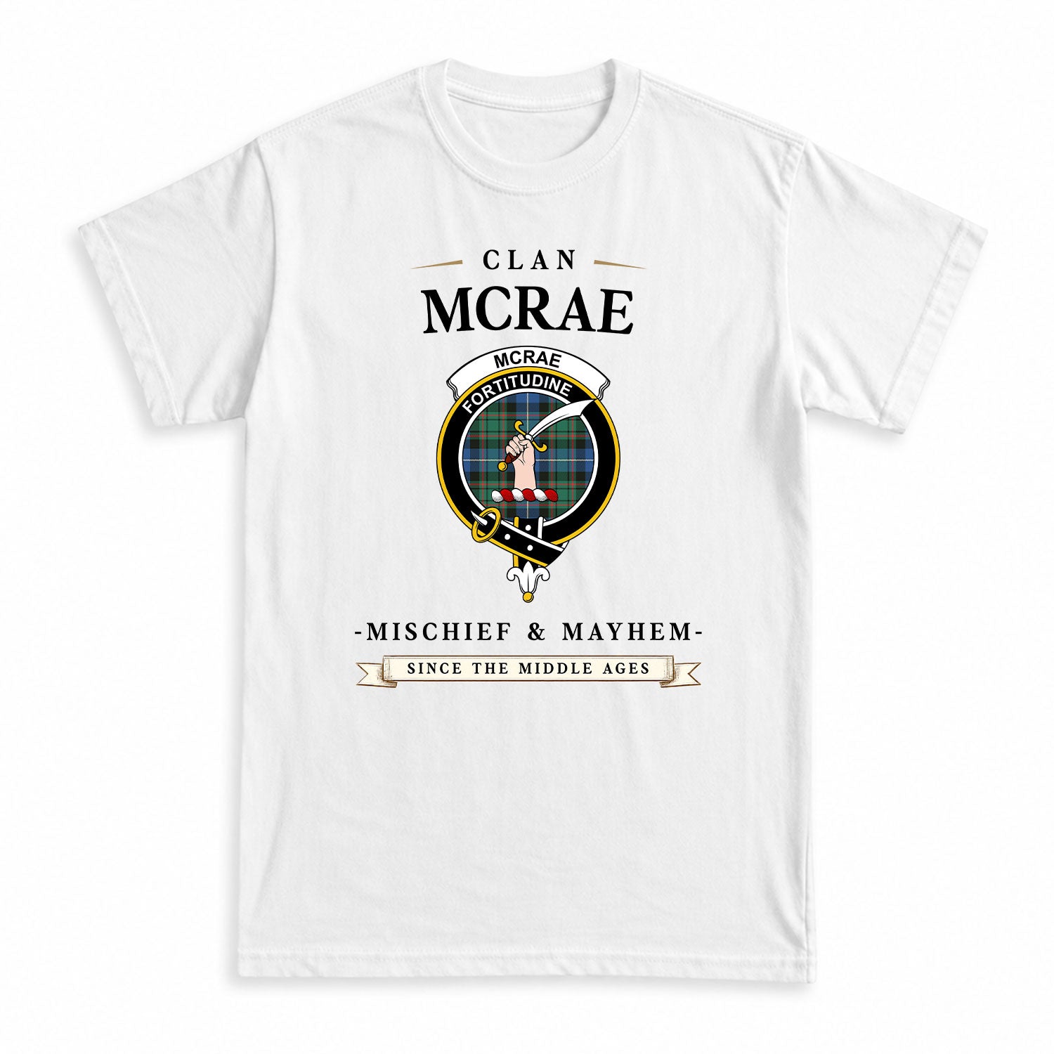 McRae Hunting Ancient Tartan Crest Mischief and Mayhem T-shirt