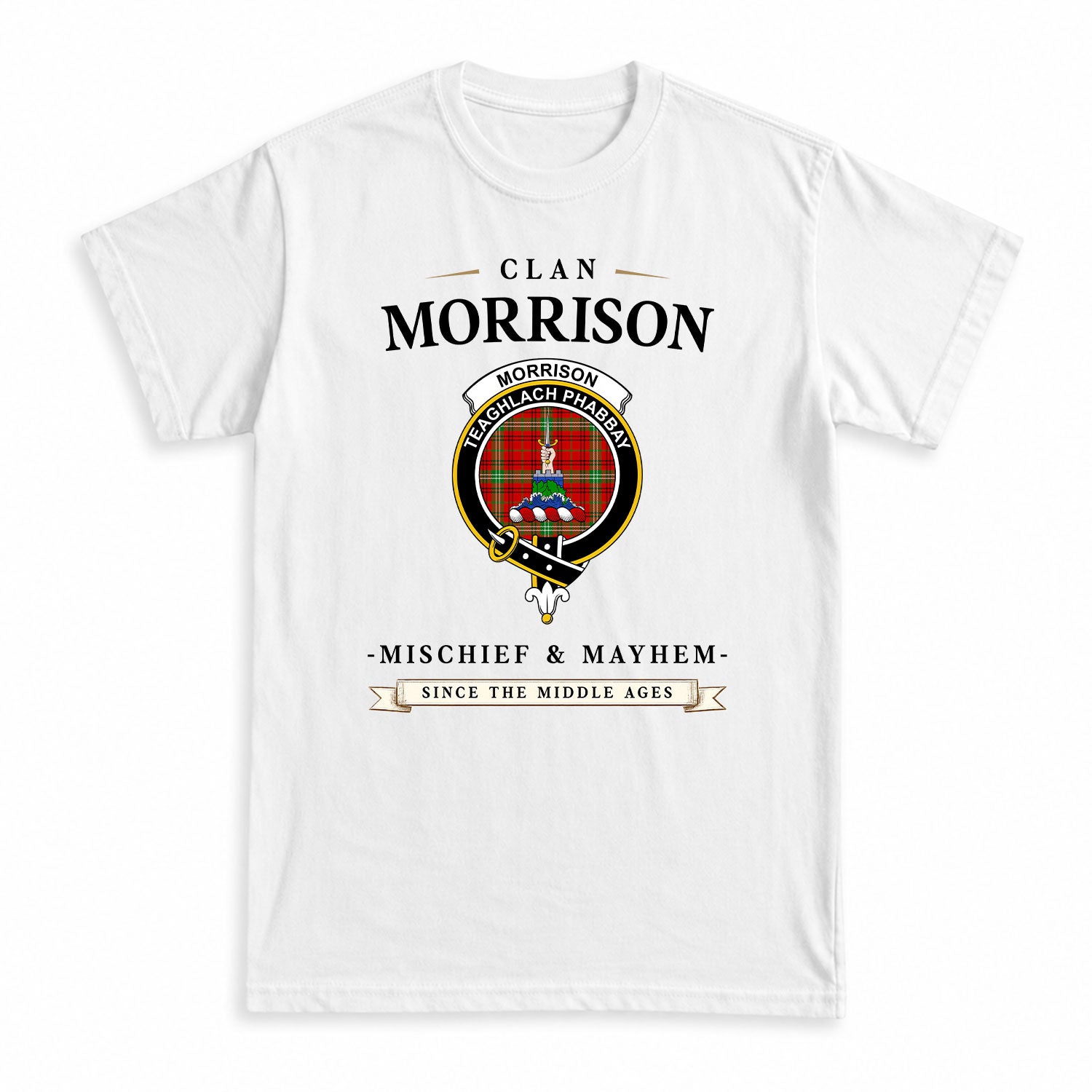 Morrison Red Modern Tartan Crest Mischief and Mayhem T-shirt