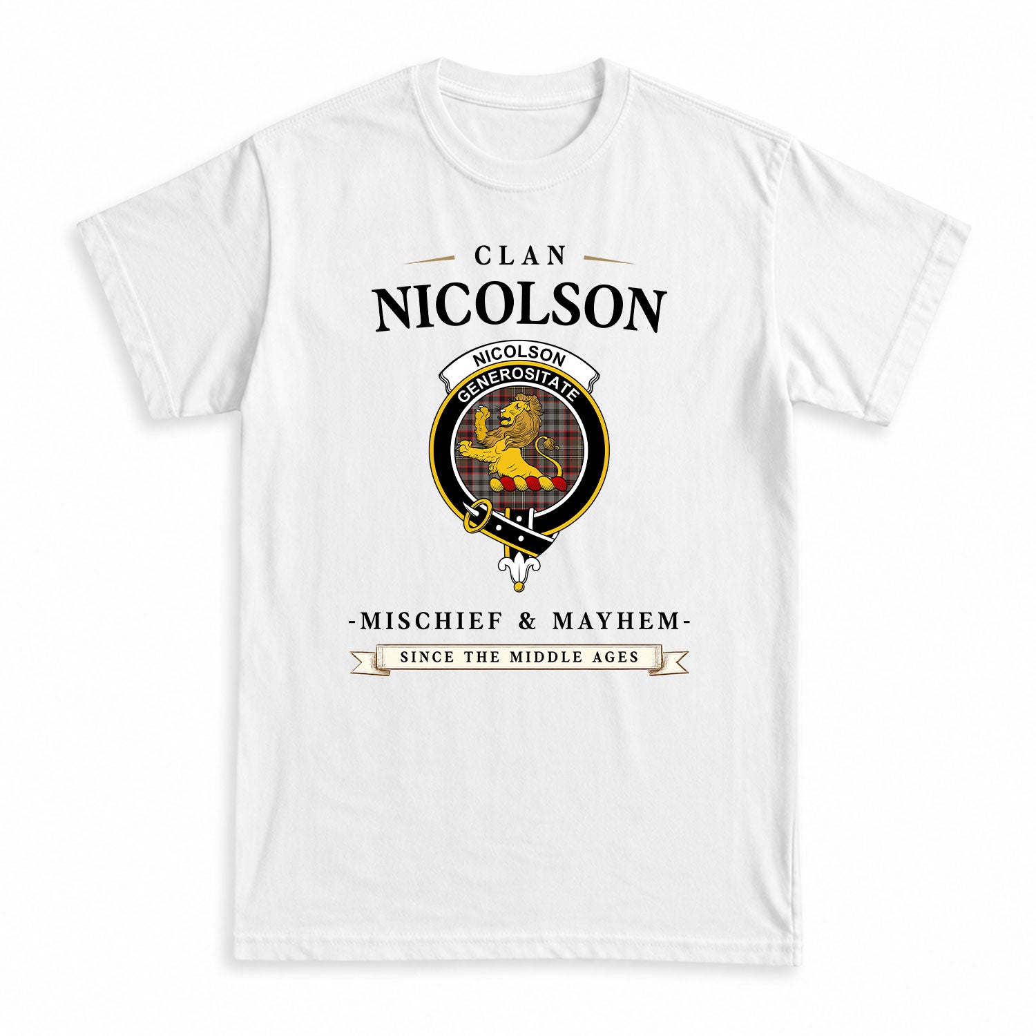 Nicolson Hunting Weathered Tartan Crest Mischief and Mayhem T-shirt