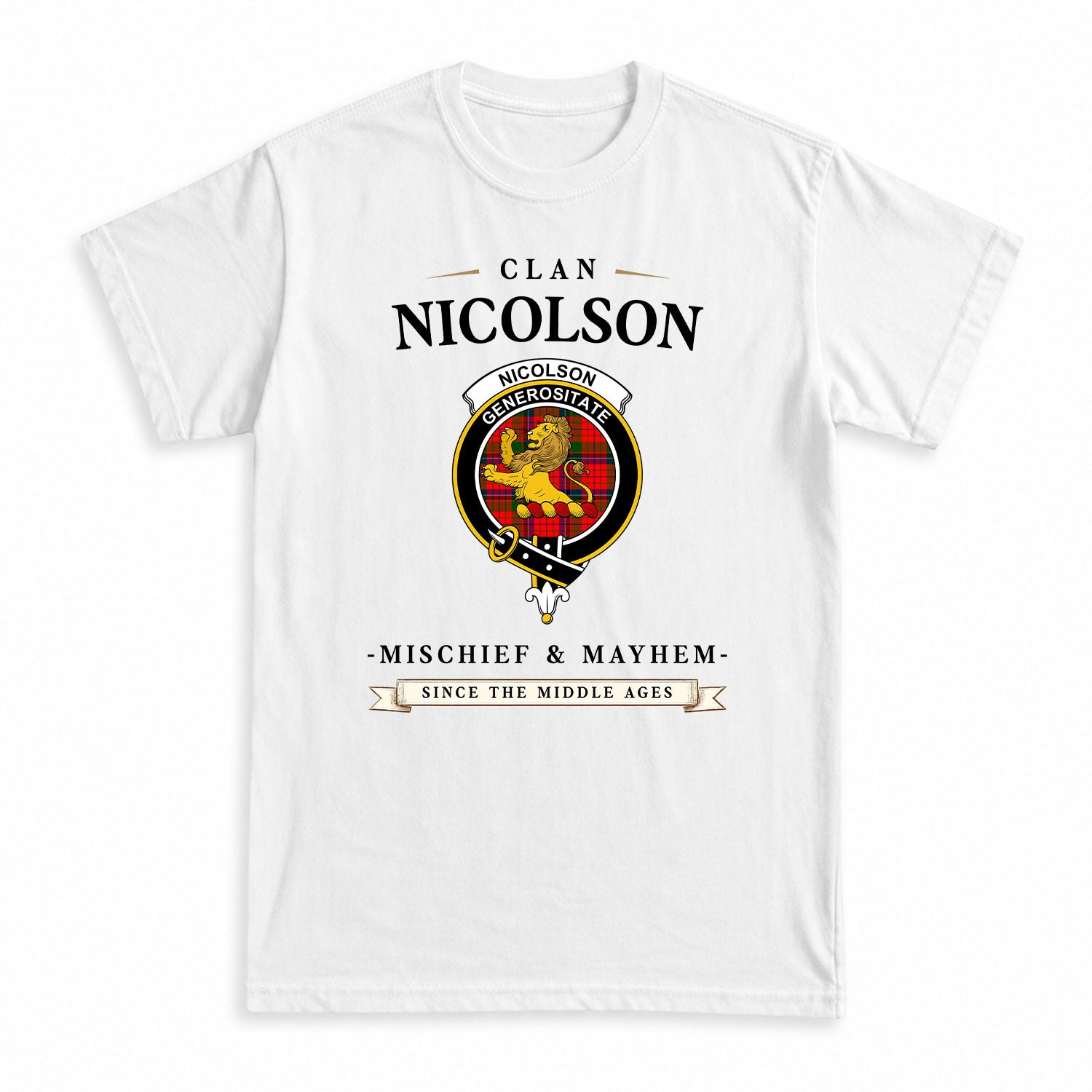 Nicolson Modern Tartan Crest Mischief and Mayhem T-shirt