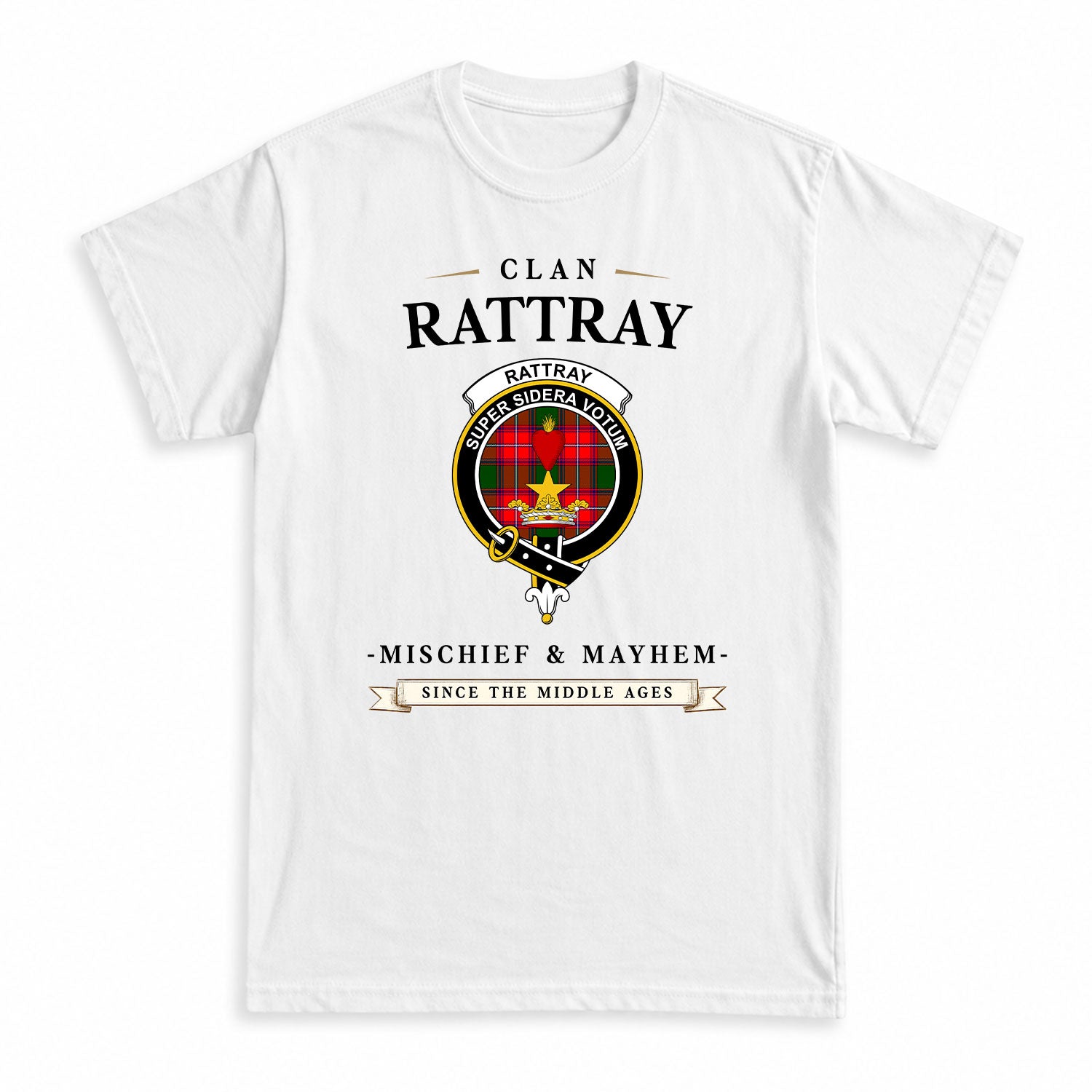 Rattray Modern Tartan Crest Mischief and Mayhem T-shirt