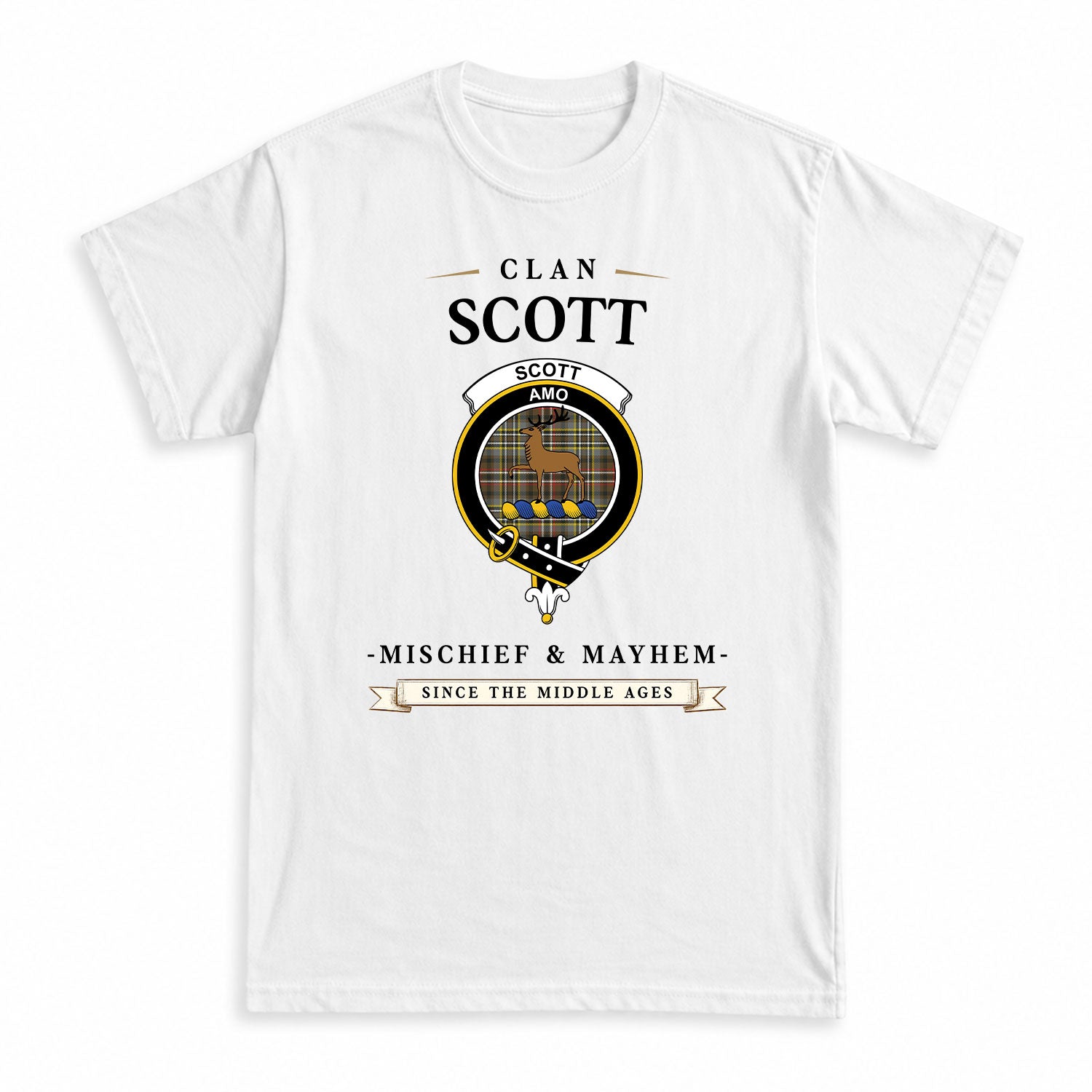 Scott Green Weathered Tartan Crest Mischief and Mayhem T-shirt