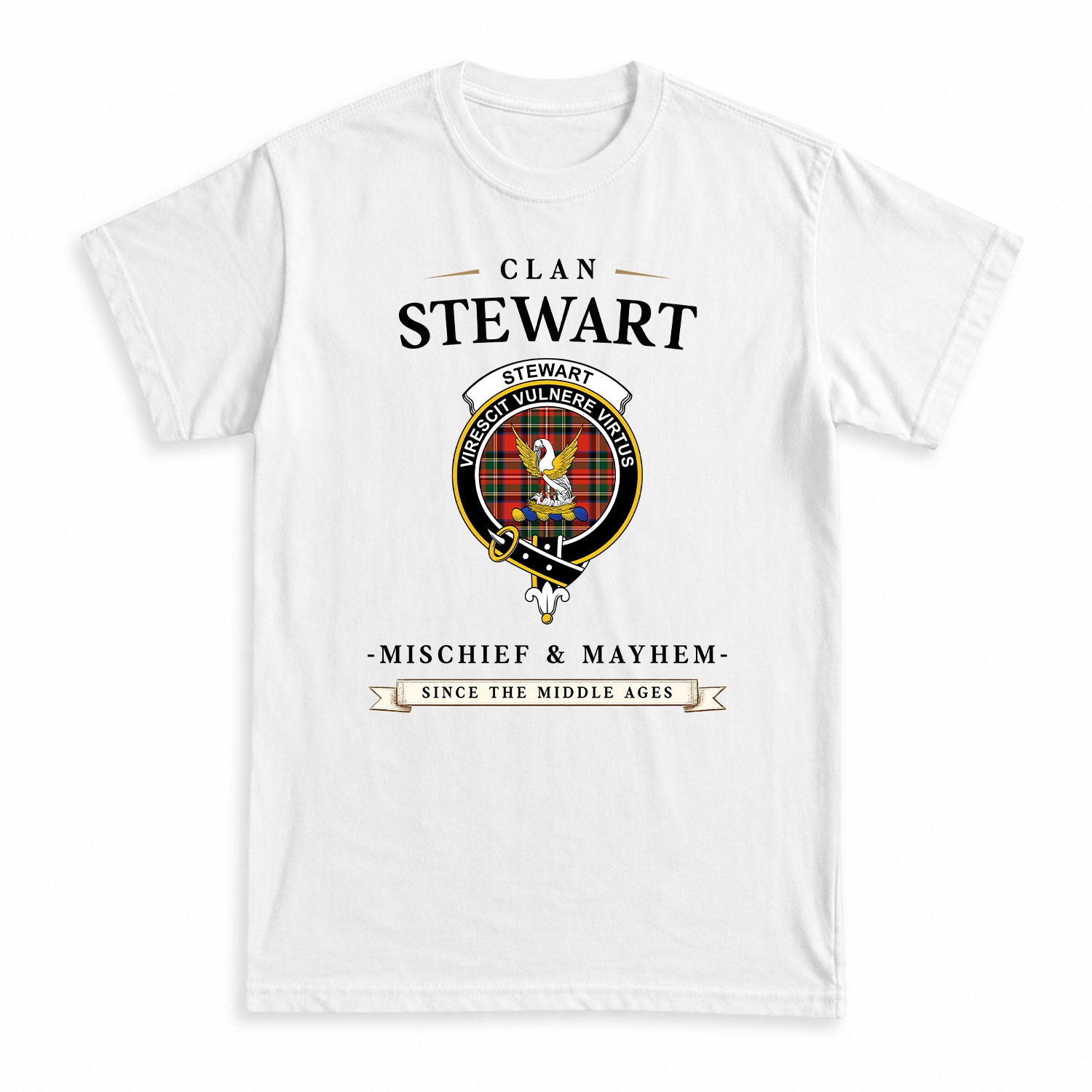 Stewart Royal Modern Tartan Crest Mischief and Mayhem T-shirt