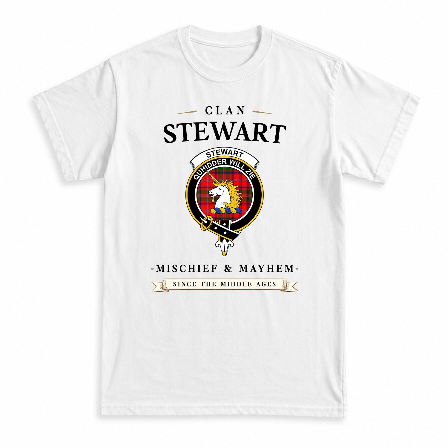 Stewart of Appin Modern Tartan Crest Mischief and Mayhem T-shirt