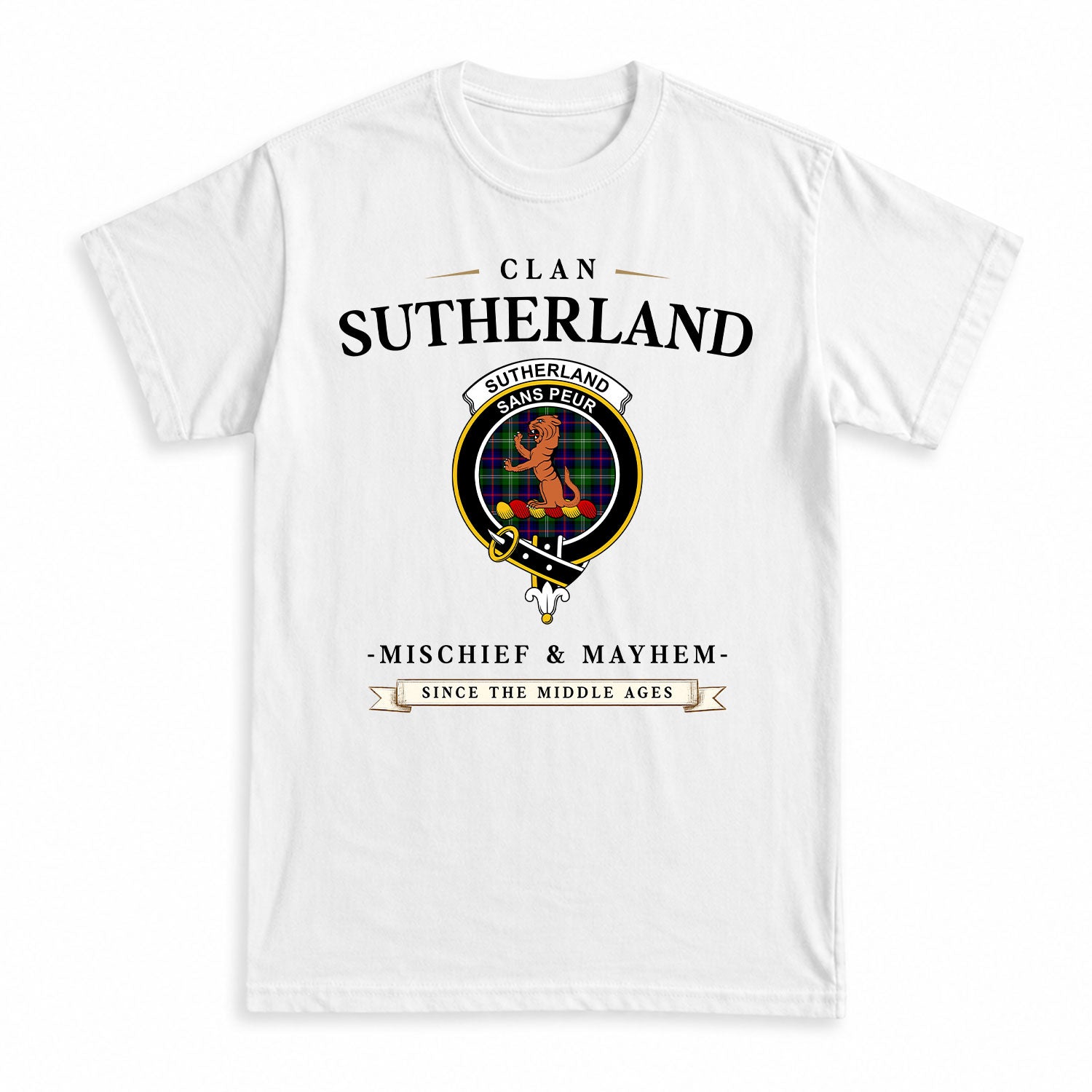 Sutherland Modern Tartan Crest Mischief and Mayhem T-shirt