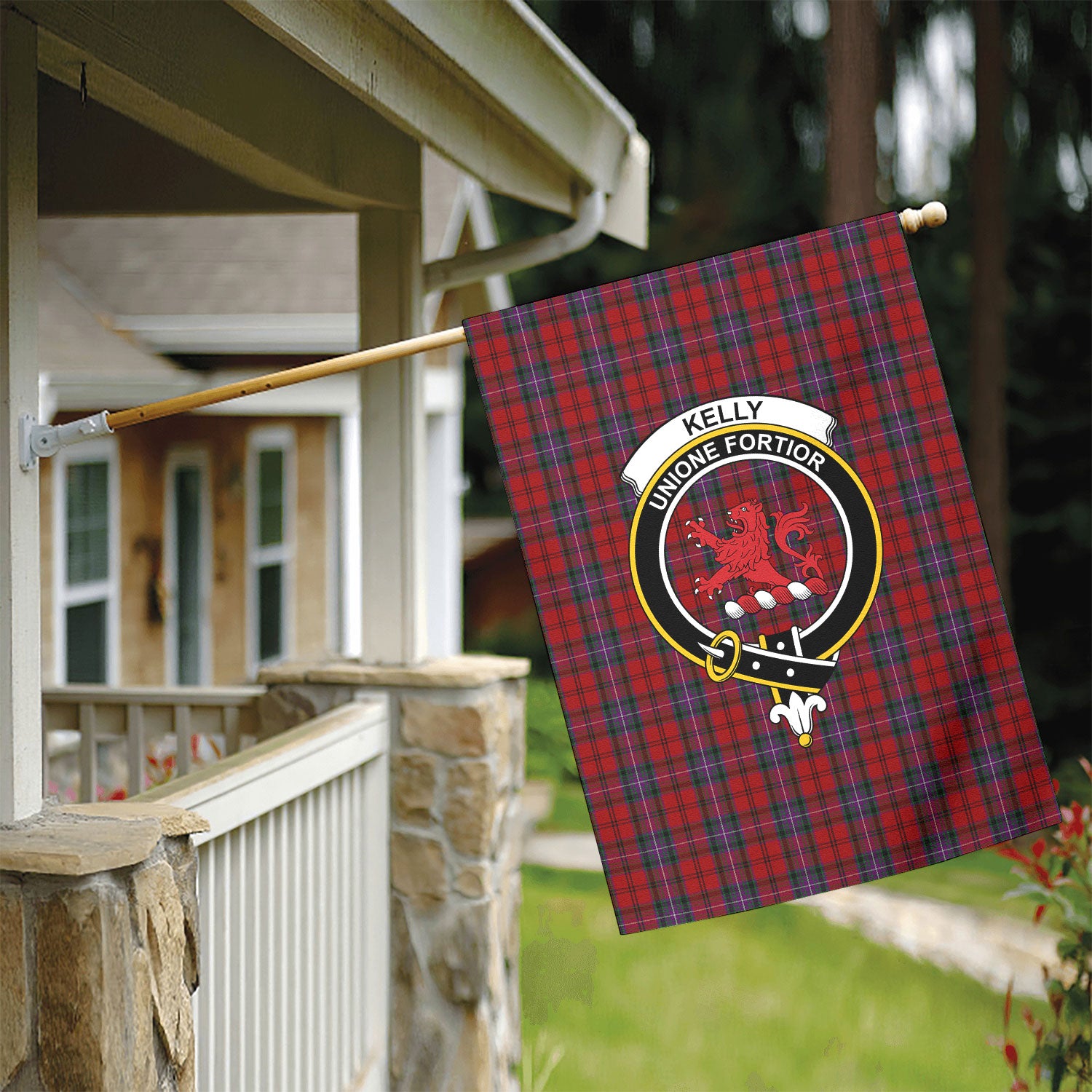Kelly of Sleat Red Tartan Crest Garden Flag