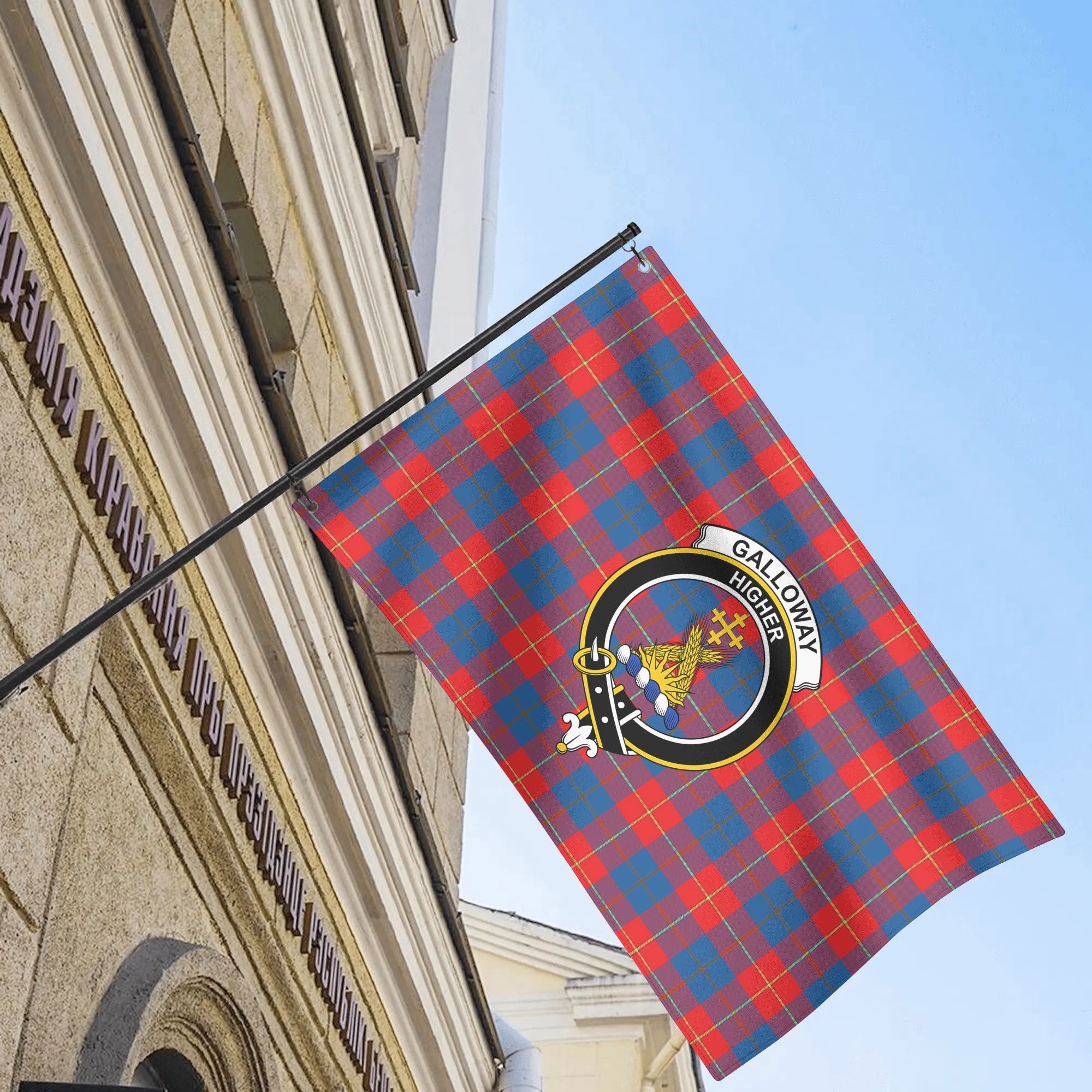 Galloway Red Tartan Crest House Flag