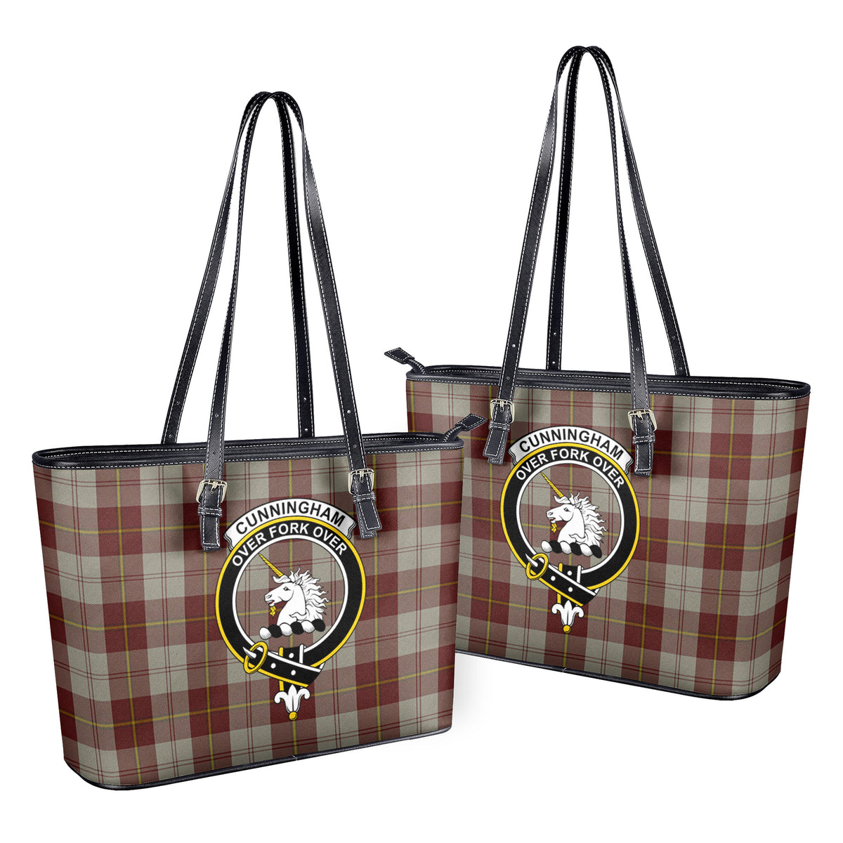 Cunningham Burgundy Dancers Tartan Crest Leather Tote Bag