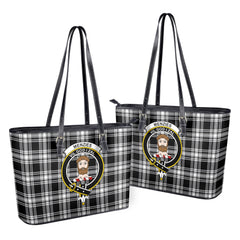 Menzies Black - White Modern Tartan Crest Leather Tote Bag