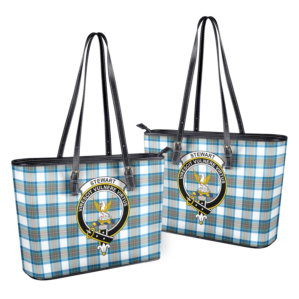 Stewart Muted Blue Tartan Crest Leather Tote Bag