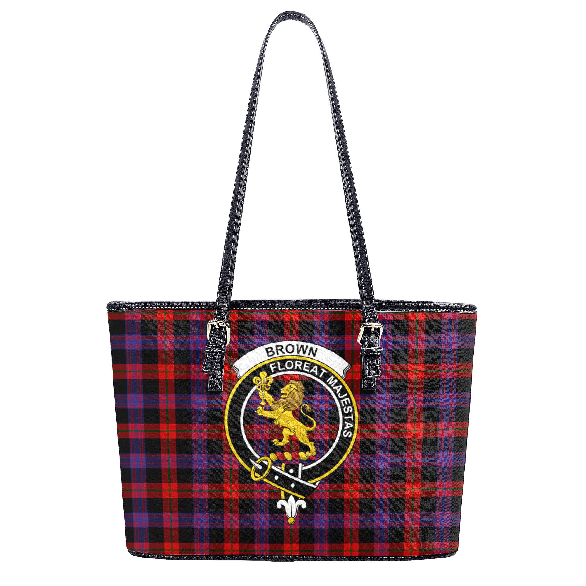 Brown Modern Tartan Crest Leather Tote Bag