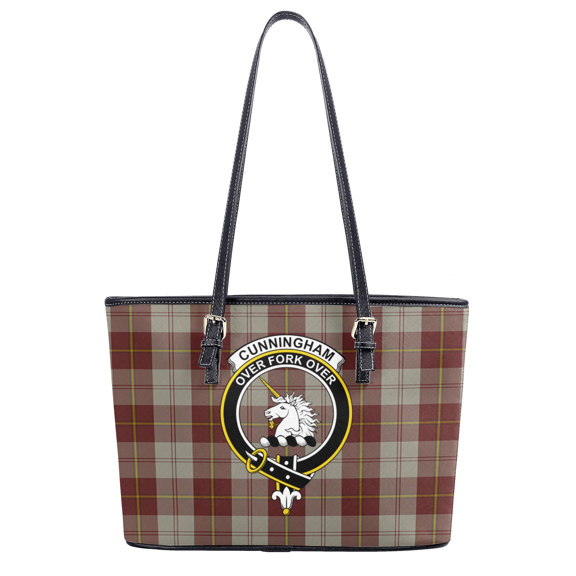 Cunningham Burgundy Dancers Tartan Crest Leather Tote Bag