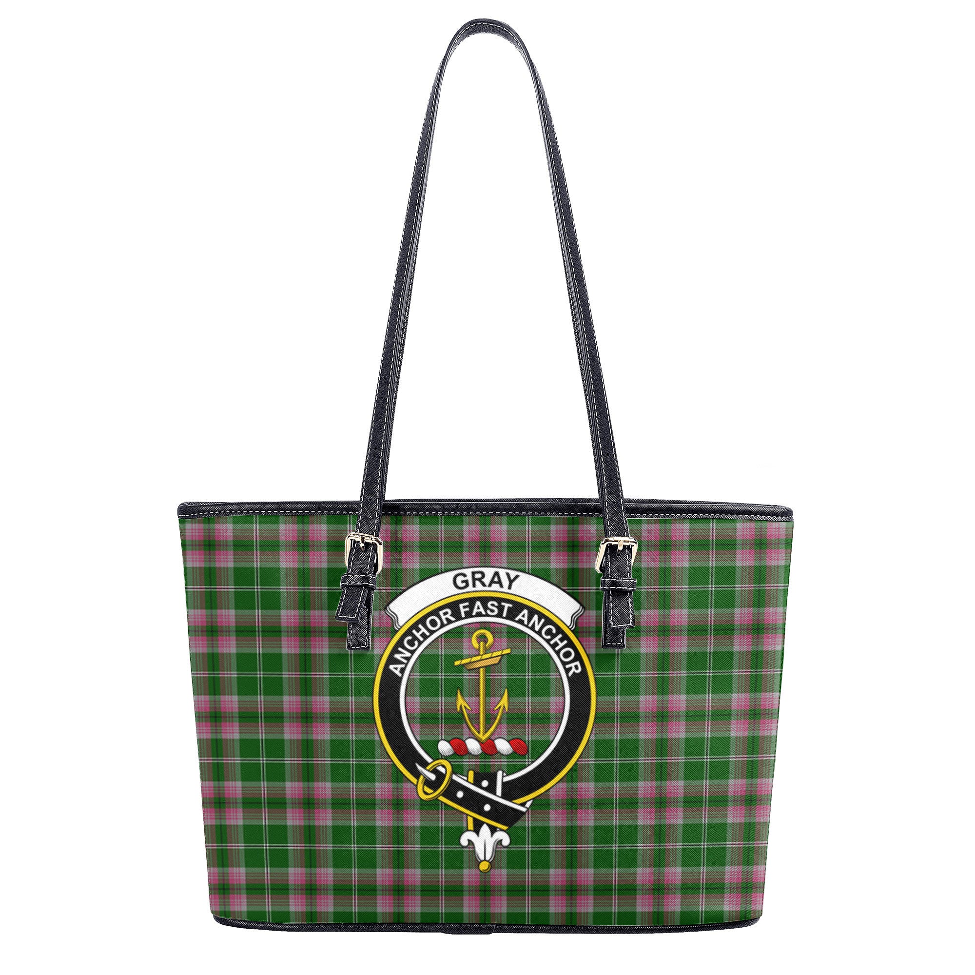 Gray Hunting Tartan Crest Leather Tote Bag