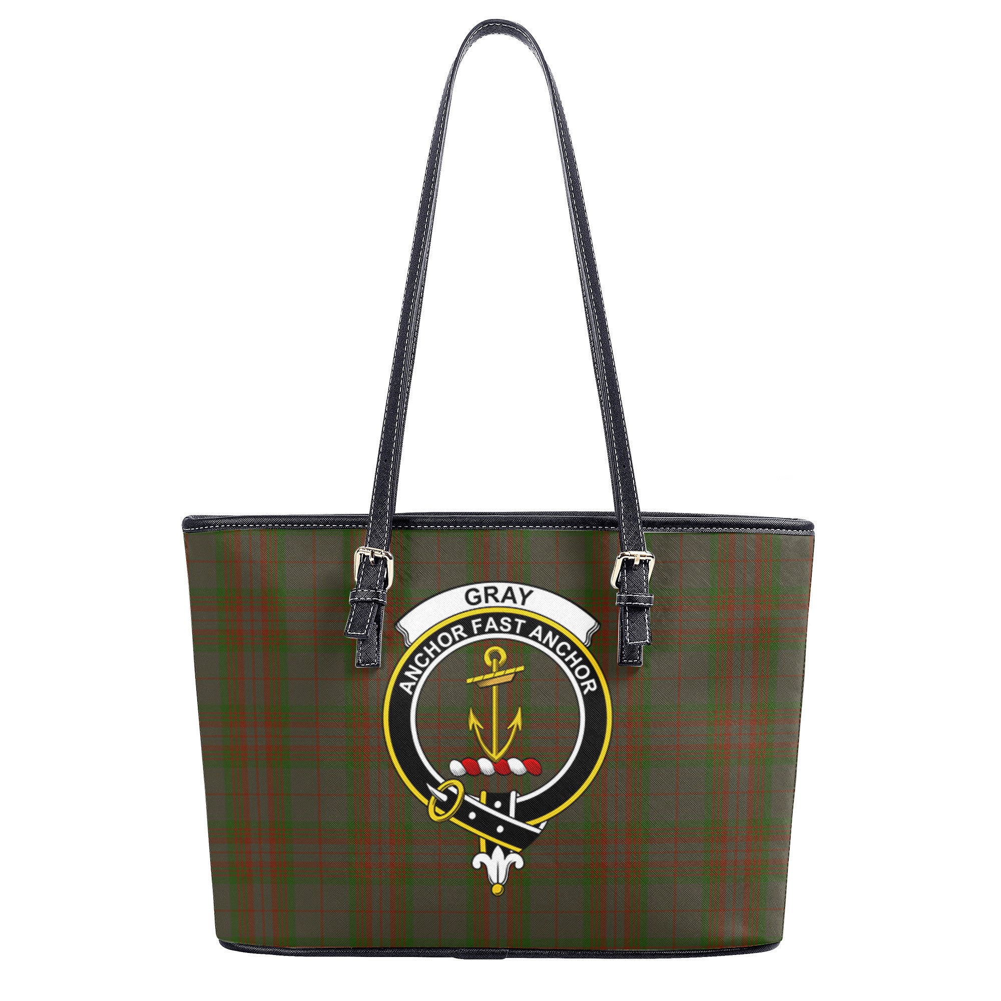 Gray Tartan Crest Leather Tote Bag