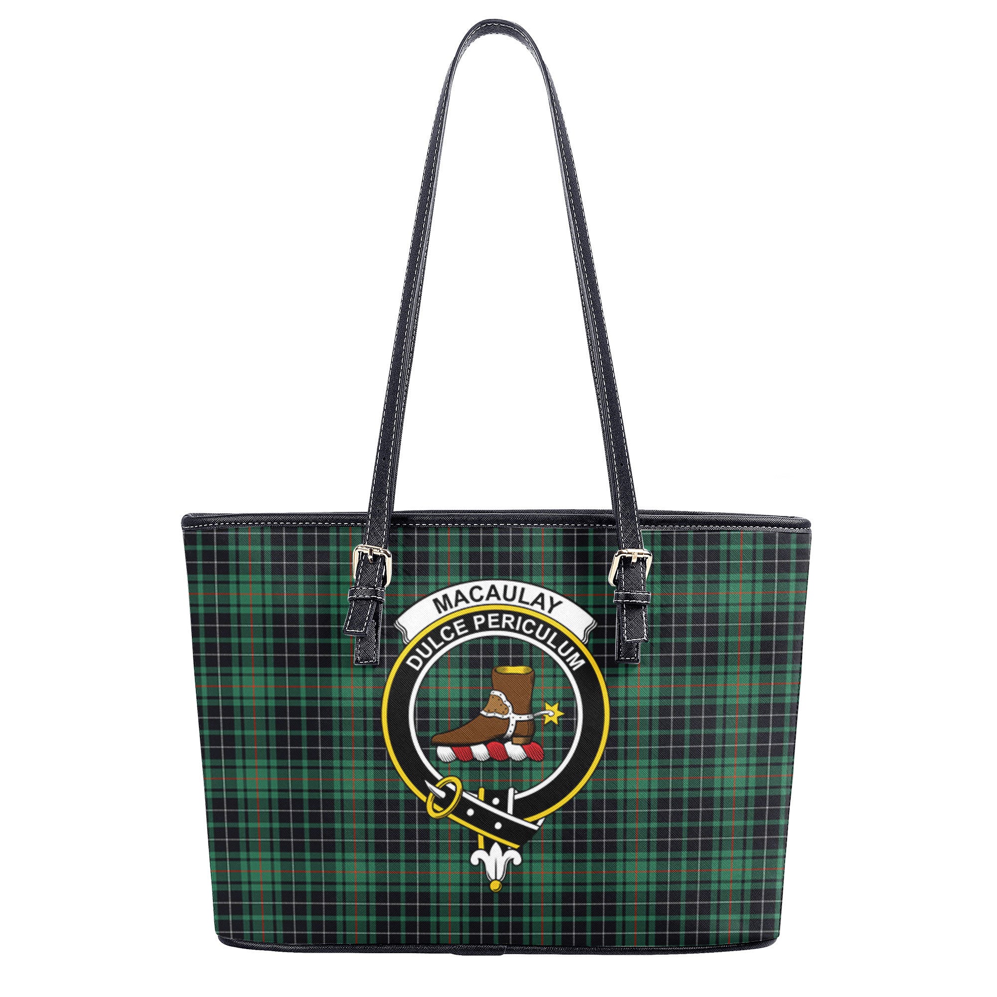 MacAulay Hunting Ancient Tartan Crest Leather Tote Bag