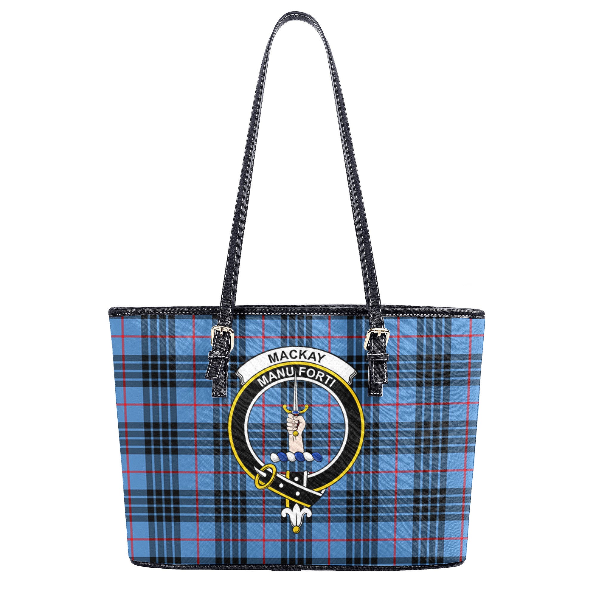 MacKay Blue Tartan Crest Leather Tote Bag