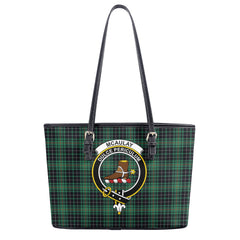 McAulay Hunting Ancient Tartan Crest Leather Tote Bag