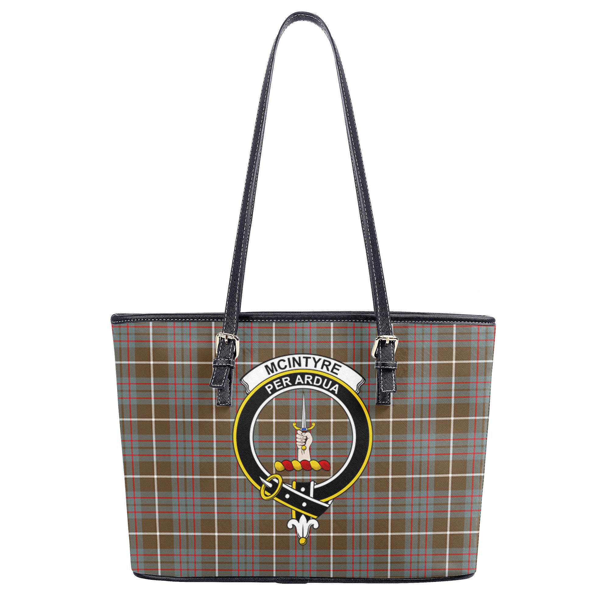 McIntyre Hunting Weathered Tartan Crest Leather Tote Bag