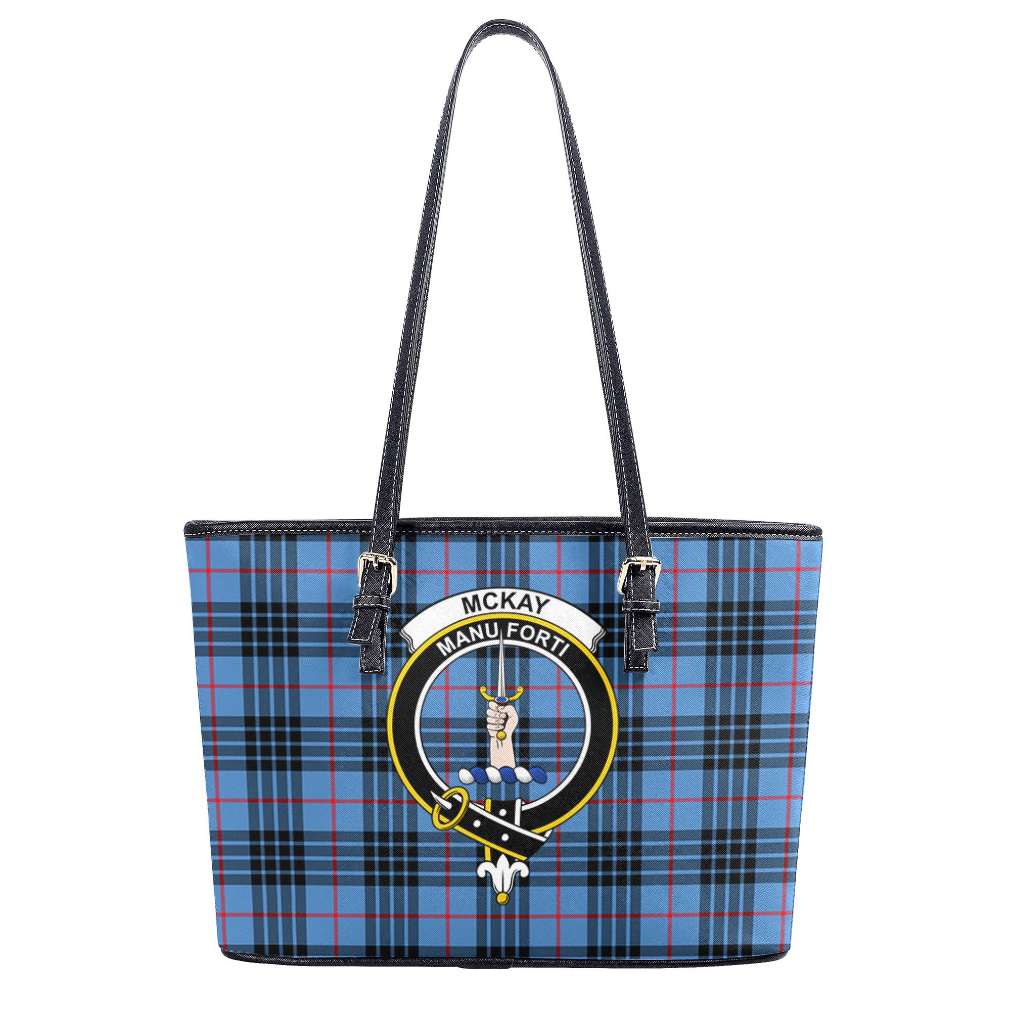 McKay Blue Tartan Crest Leather Tote Bag