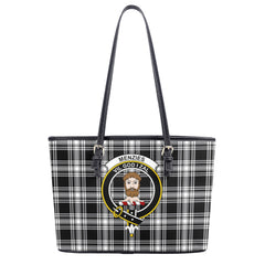 Menzies Black - White Modern Tartan Crest Leather Tote Bag