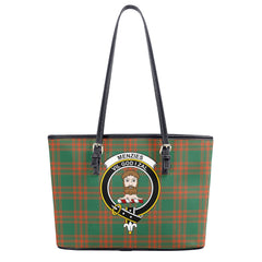 Menzies Green Ancient Tartan Crest Leather Tote Bag