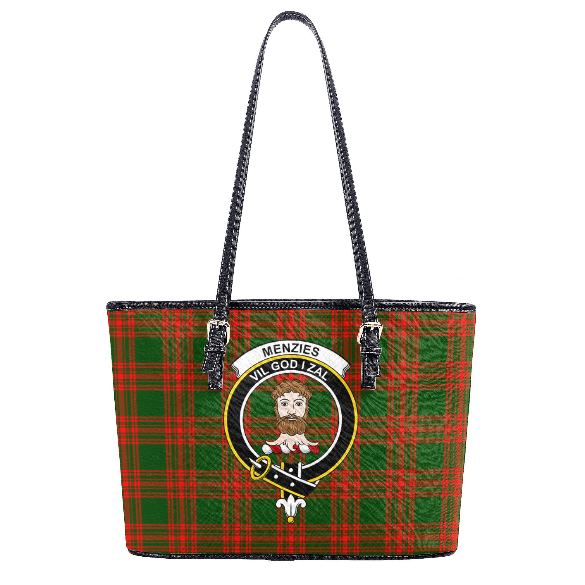 Menzies Green Modern Tartan Crest Leather Tote Bag