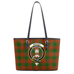 Menzies Green Modern Tartan Crest Leather Tote Bag