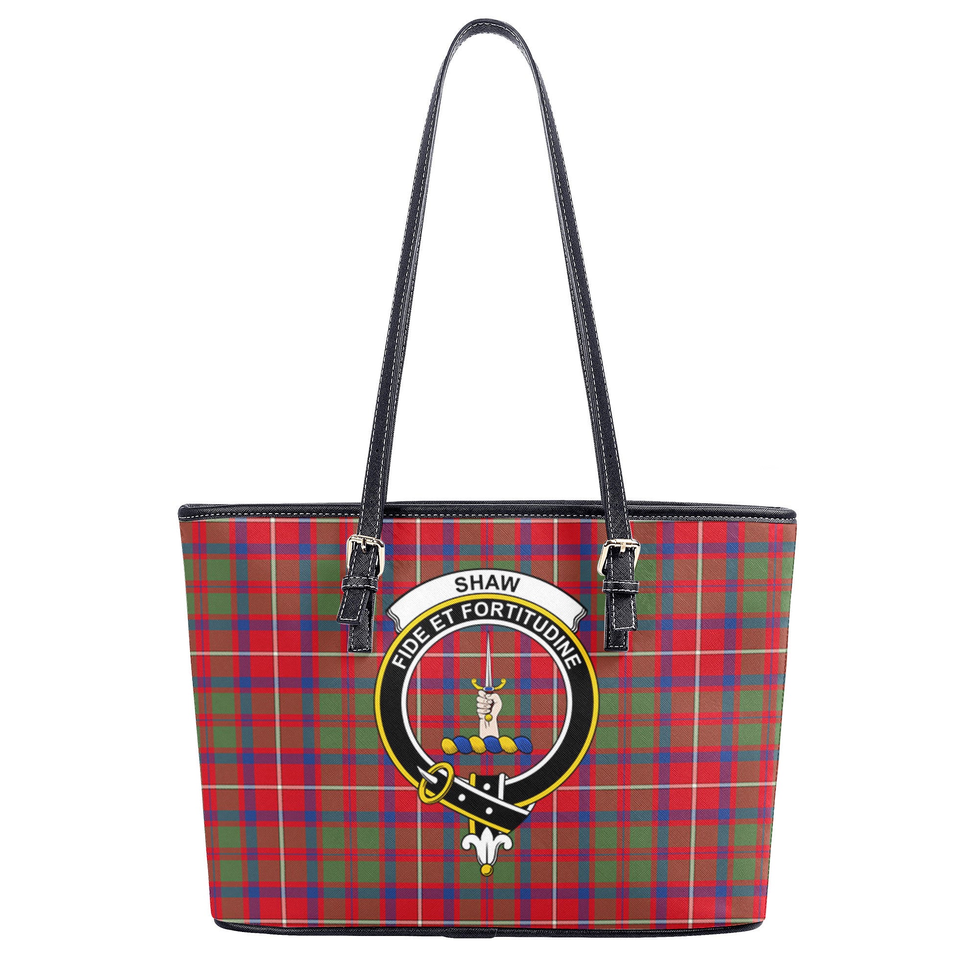 Shaw Red Modern Tartan Crest Leather Tote Bag