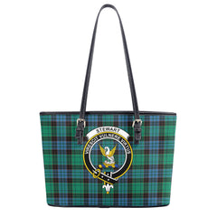 Stewart Old Ancient Tartan Crest Leather Tote Bag