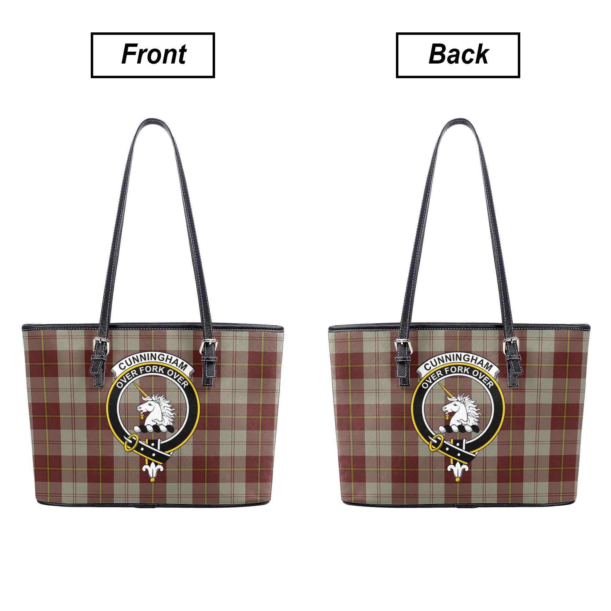 Cunningham Burgundy Dancers Tartan Crest Leather Tote Bag