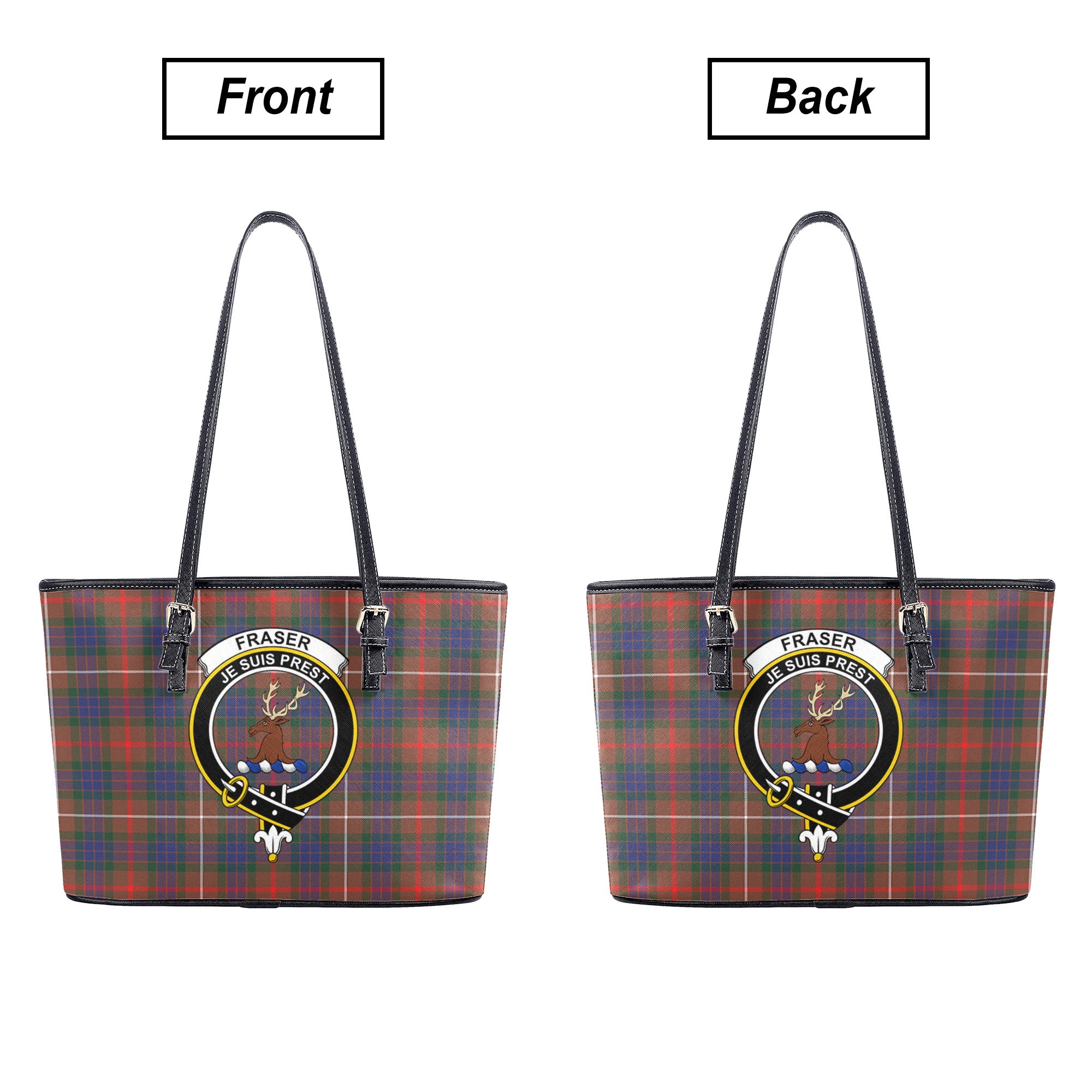 Fraser (of Lovat) Hunting Modern Tartan Crest Leather Tote Bag